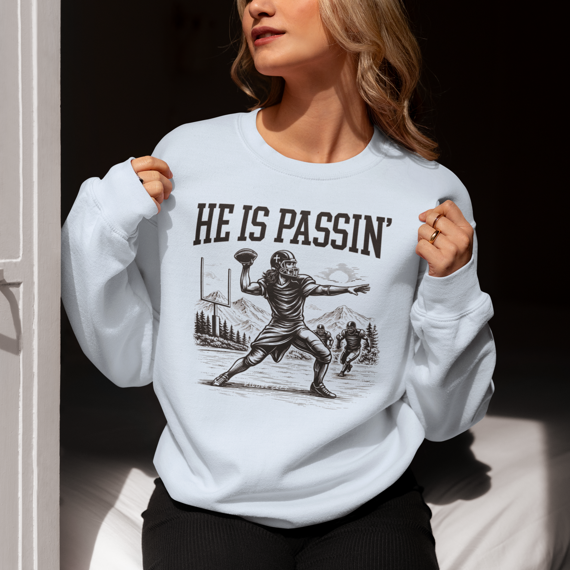 Football Crewneck Sweatshirt — "He Is Passin'" Vintage Quarterback Design