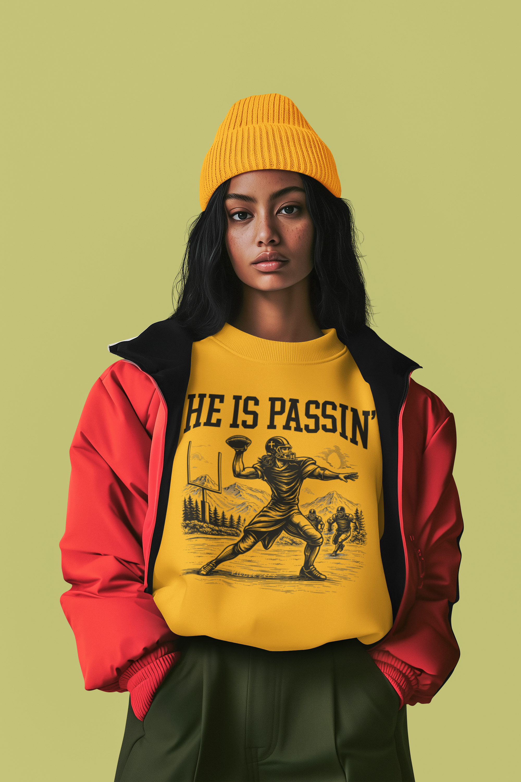 Football Crewneck Sweatshirt — "He Is Passin'" Vintage Quarterback Design