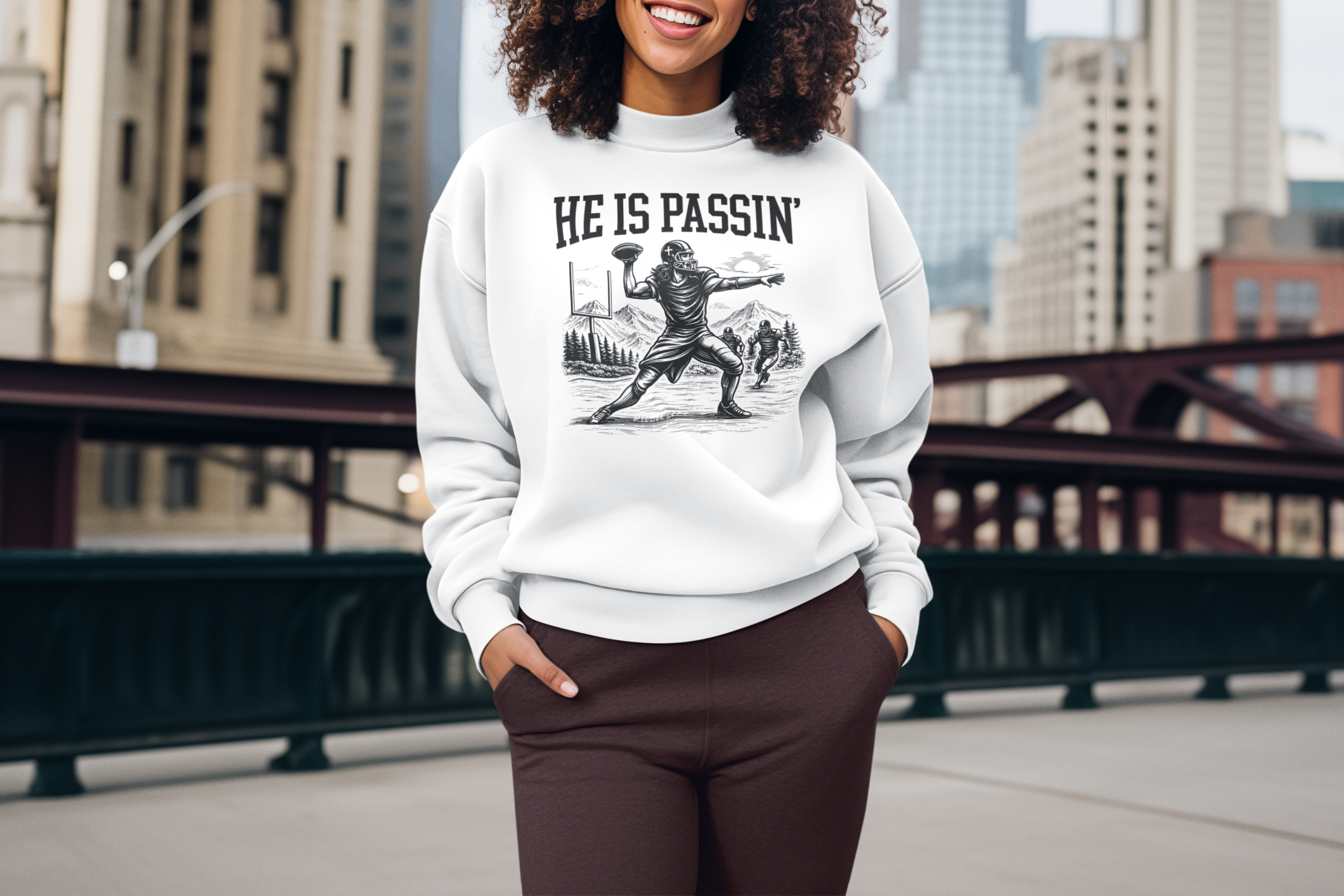Football Crewneck Sweatshirt — "He Is Passin'" Vintage Quarterback Design