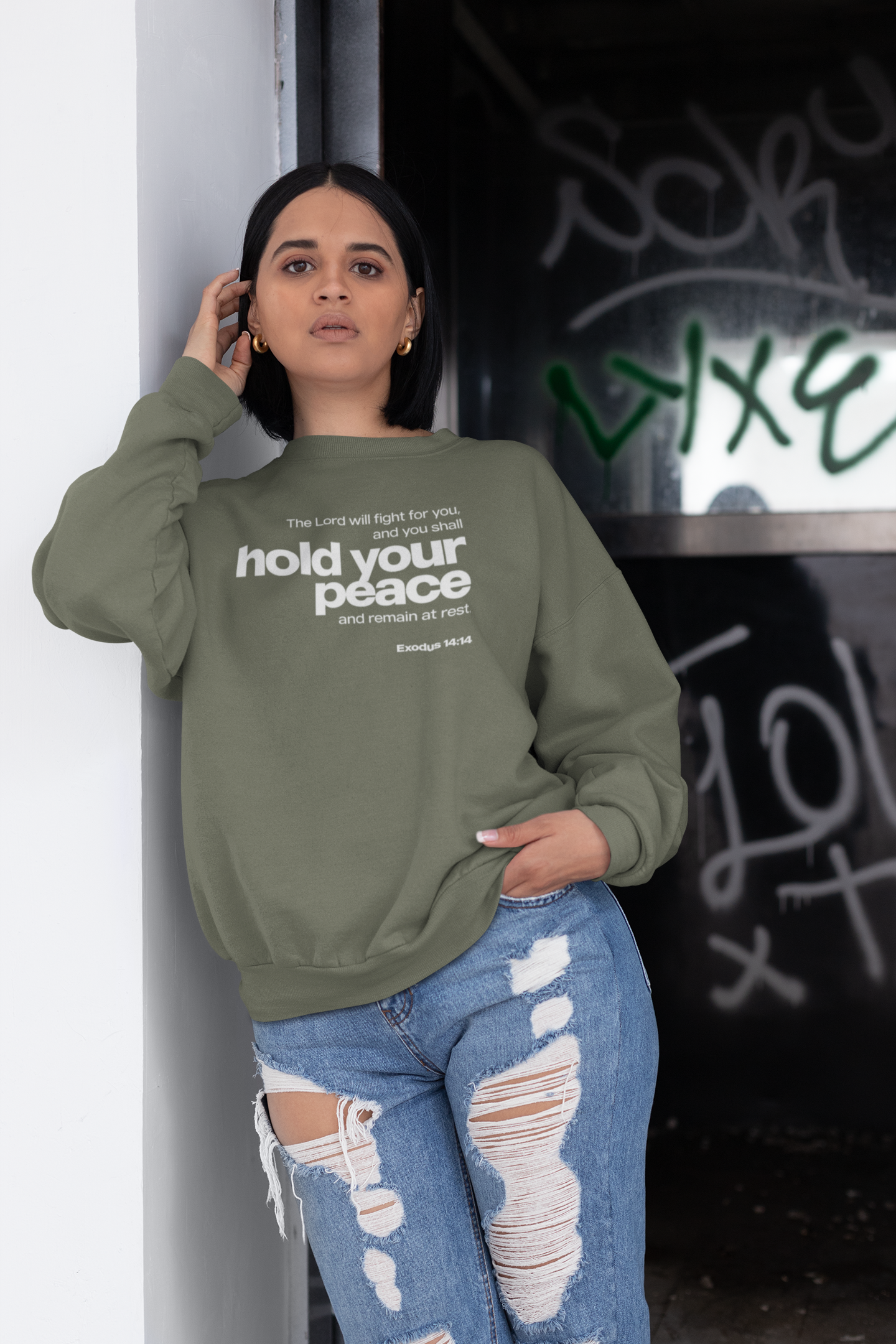 Hold Your Peace Crewneck Sweatshirt — Exodus 14:14 Inspirational Christian Pullover