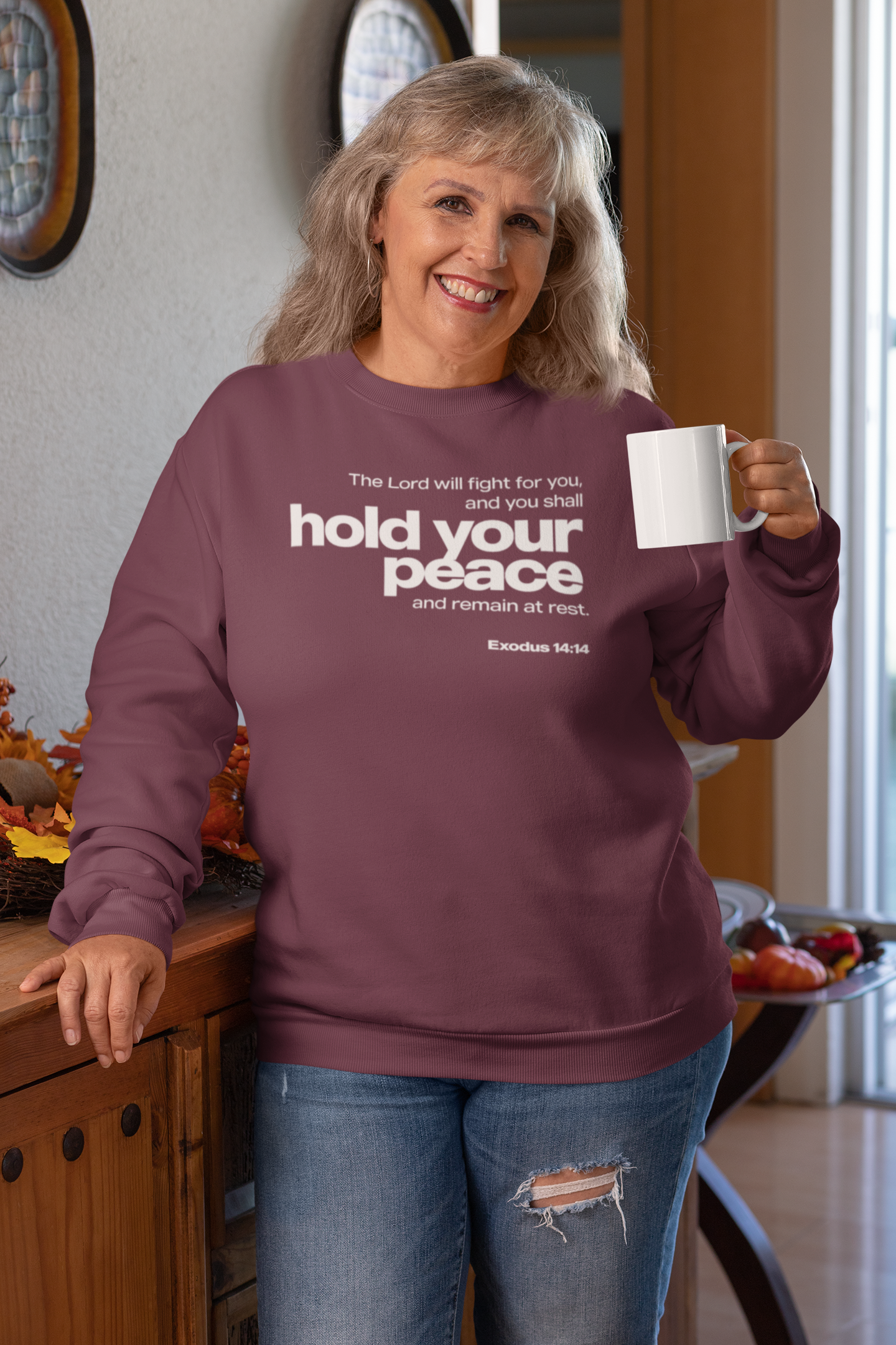 Hold Your Peace Crewneck Sweatshirt — Exodus 14:14 Inspirational Christian Pullover