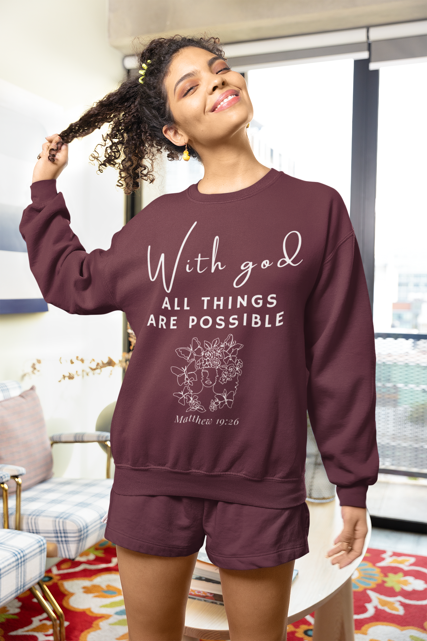 Crewneck Sweatshirt — "With God All Things Are Possible" Inspirational Scripture Pullover (Matthew 19:26)
