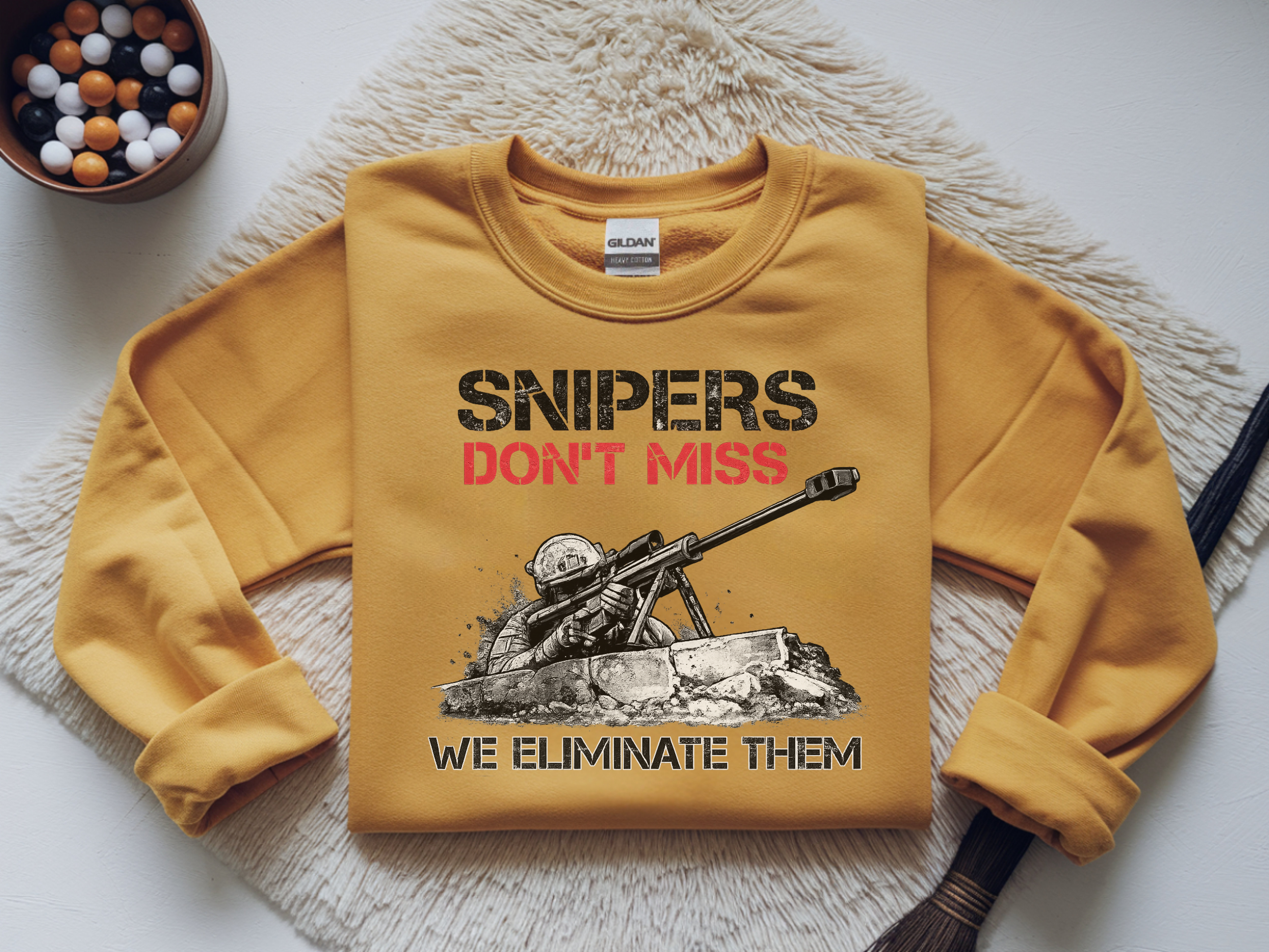 Crewneck Sweatshirt — "Snipers Don't Miss, We Eliminate Them" Military Rifle Graphic