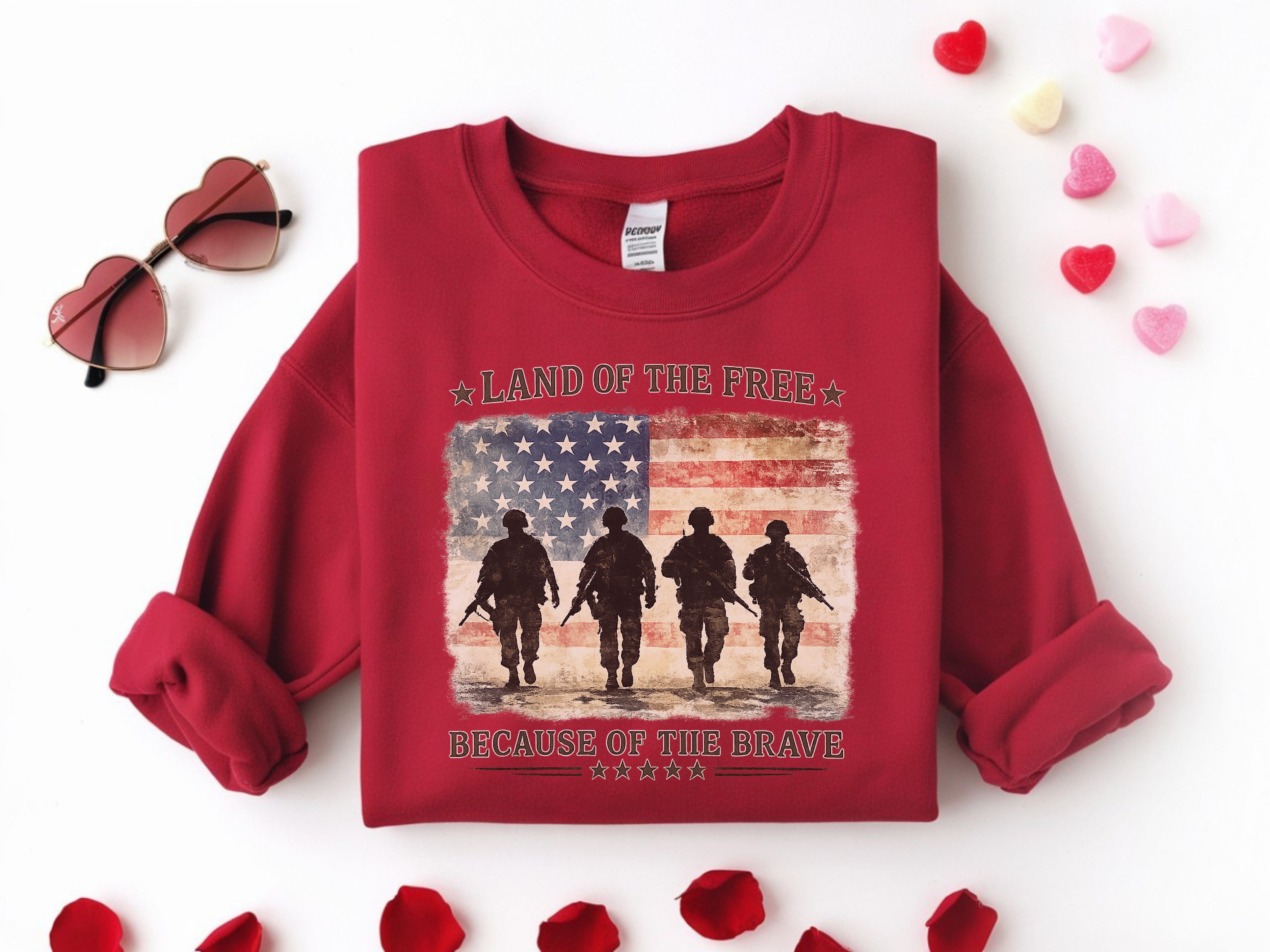 Crewneck Sweatshirt - "Land of the Free Because of the Brave" Patriotic Military Flag Design