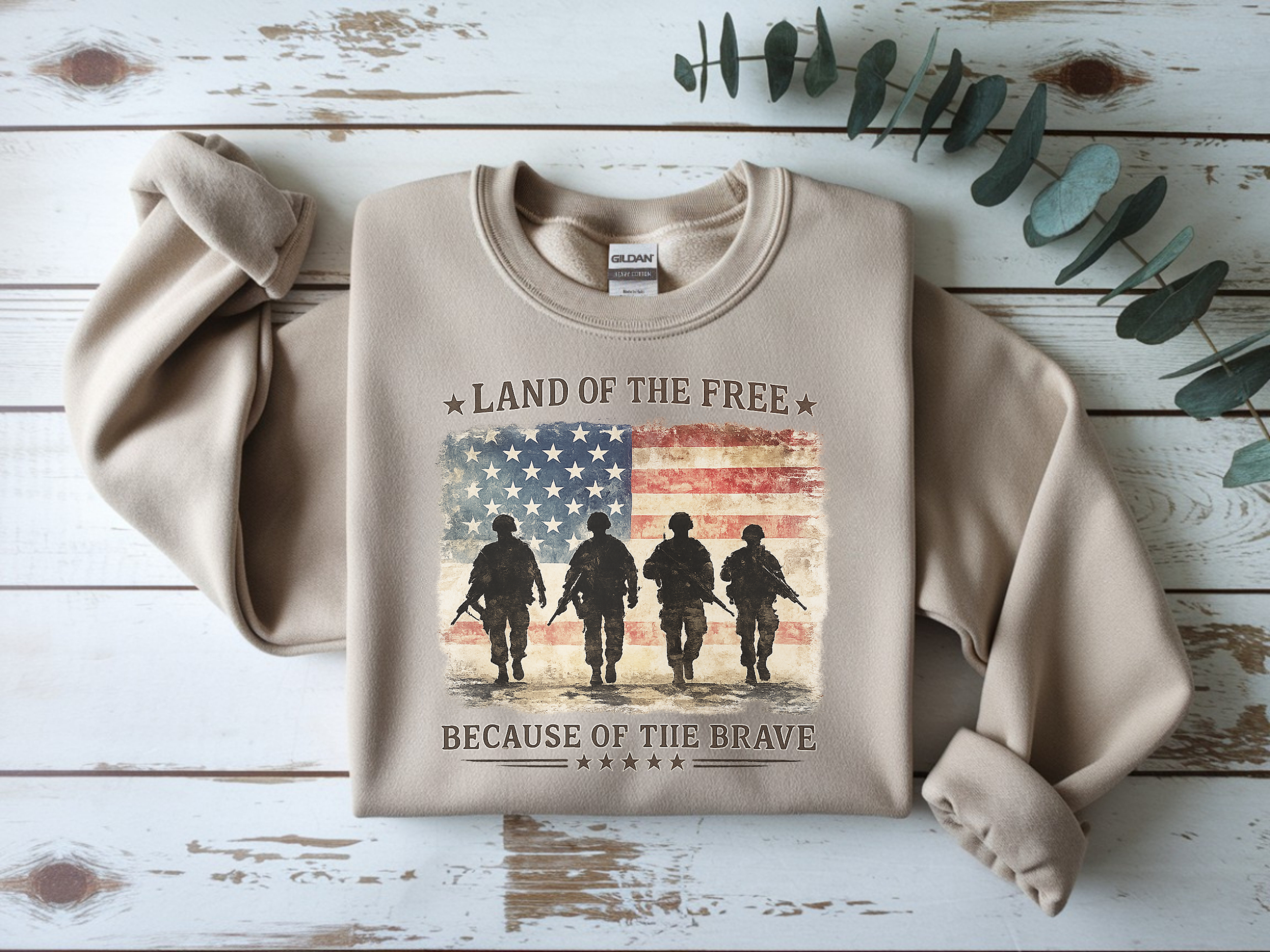 Crewneck Sweatshirt - "Land of the Free Because of the Brave" Patriotic Military Flag Design