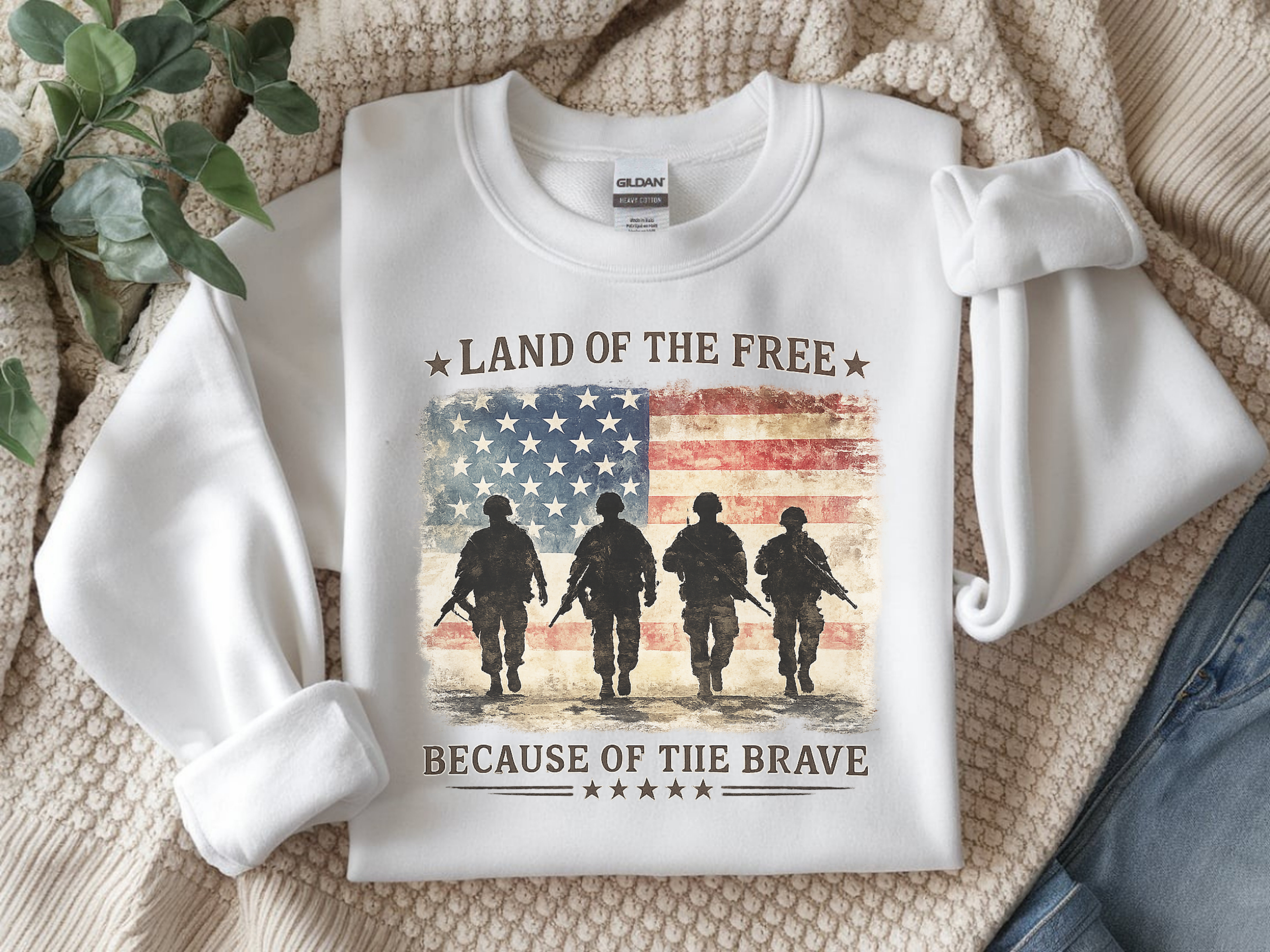 Crewneck Sweatshirt - "Land of the Free Because of the Brave" Patriotic Military Flag Design