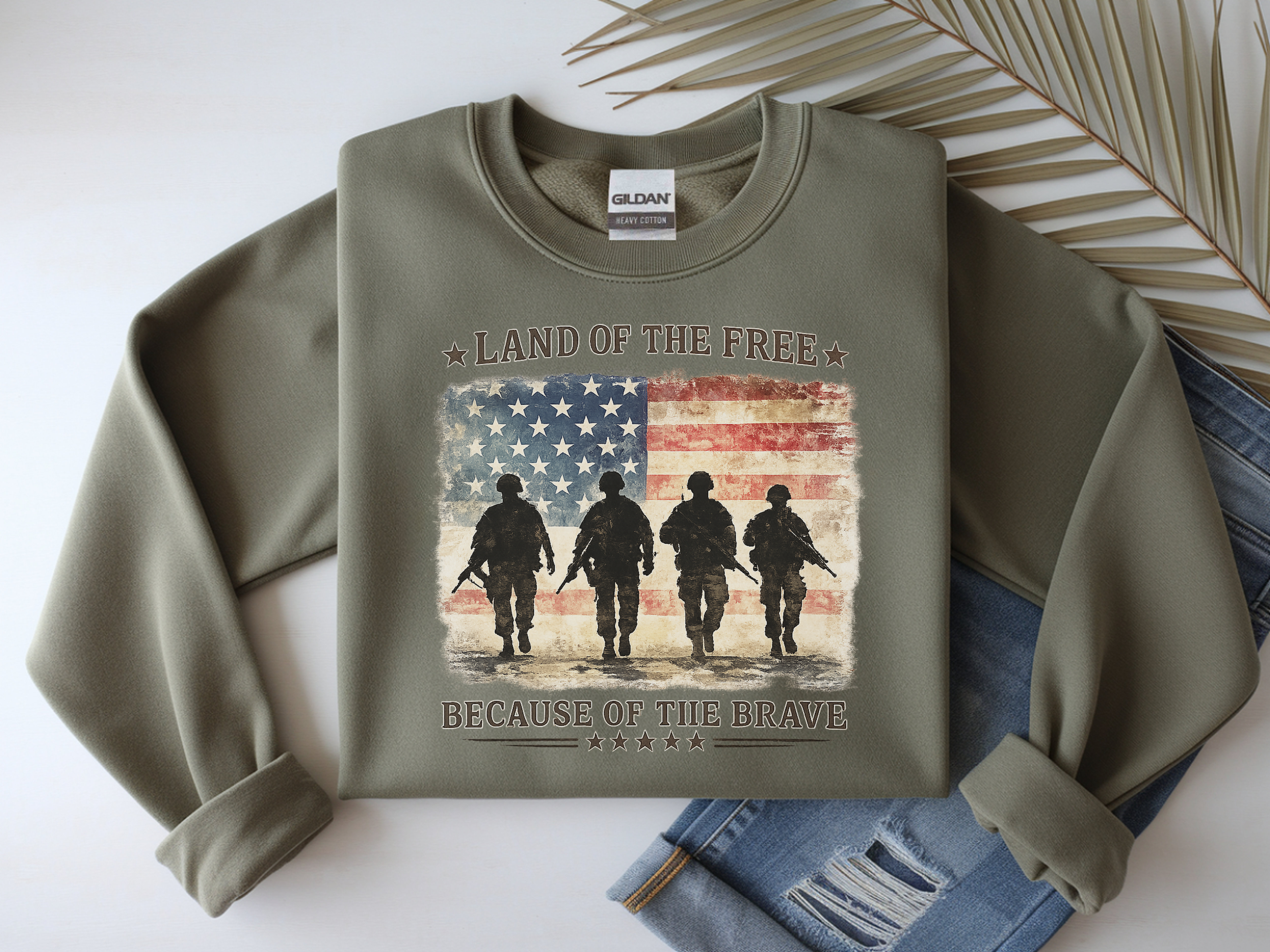 Crewneck Sweatshirt - "Land of the Free Because of the Brave" Patriotic Military Flag Design