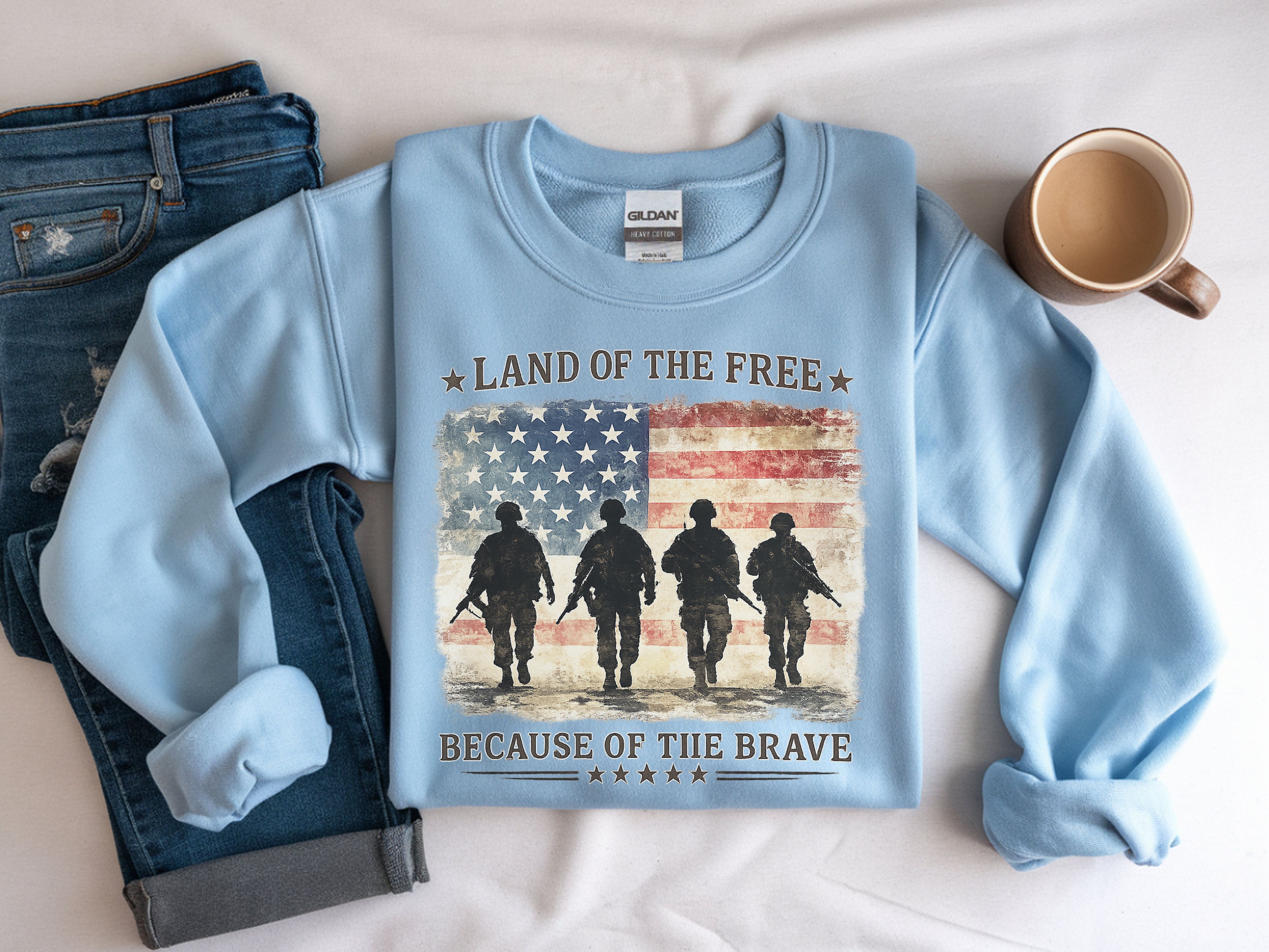 Crewneck Sweatshirt - "Land of the Free Because of the Brave" Patriotic Military Flag Design
