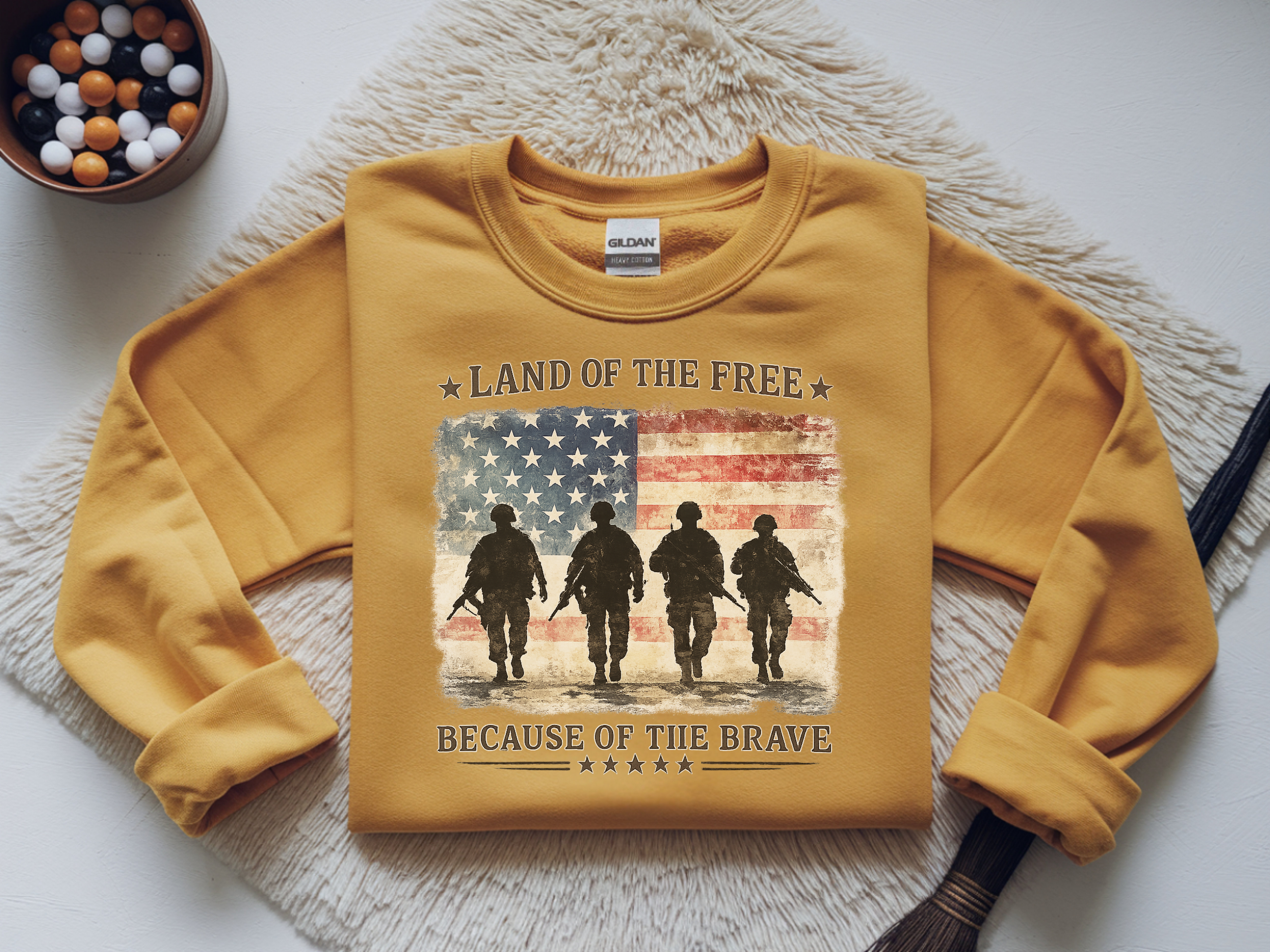 Crewneck Sweatshirt - "Land of the Free Because of the Brave" Patriotic Military Flag Design