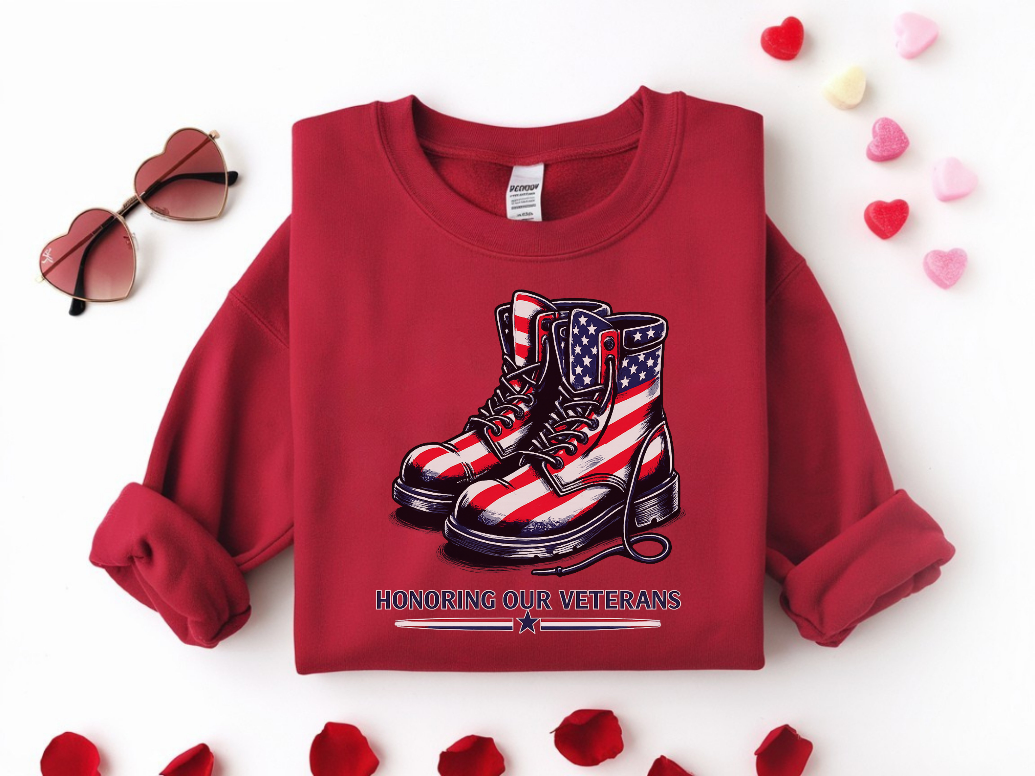 Veterans Tribute Sweatshirt — American Flag Combat Boots "Honoring Our Veterans"