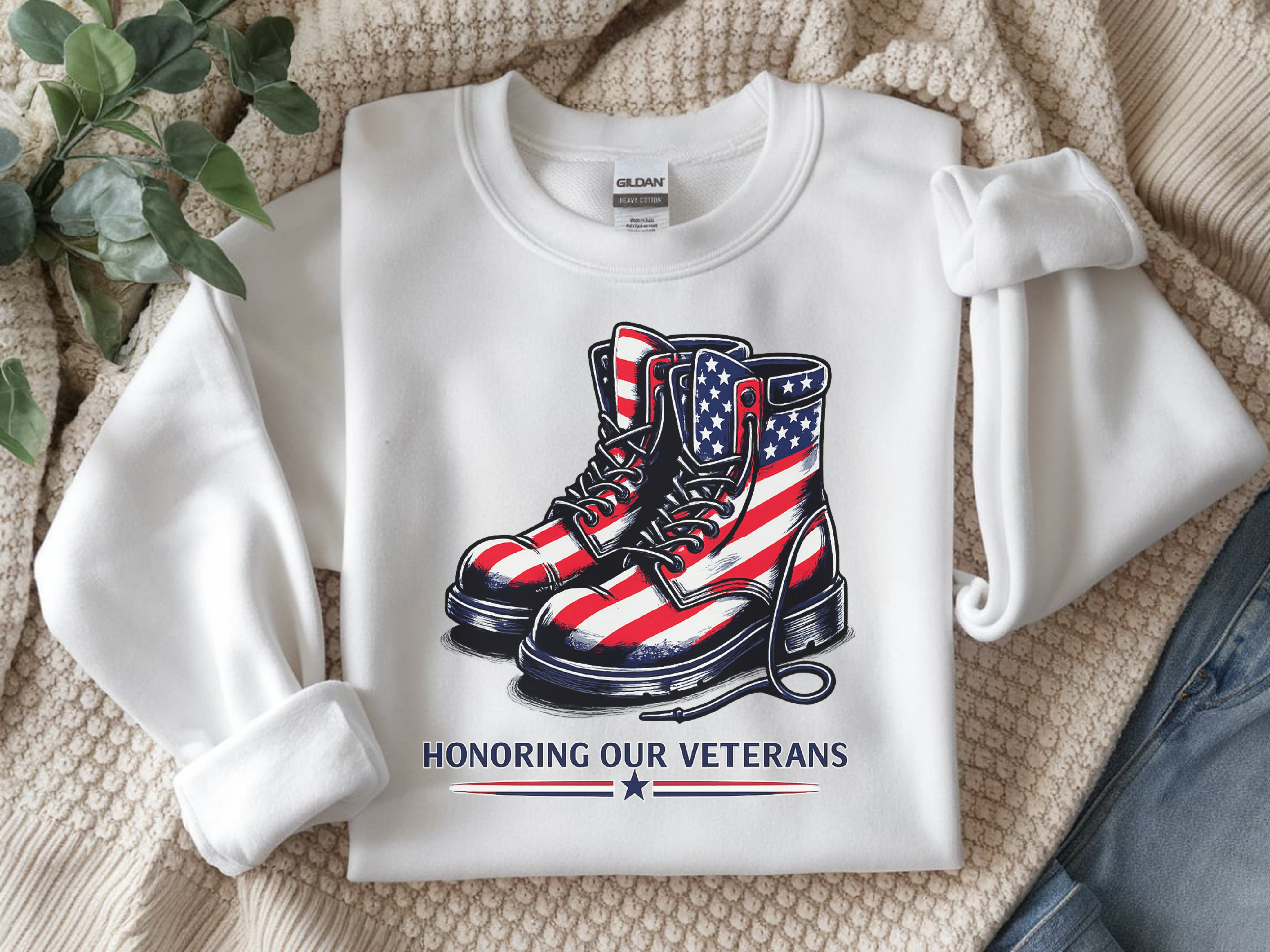 Veterans Tribute Sweatshirt — American Flag Combat Boots "Honoring Our Veterans"