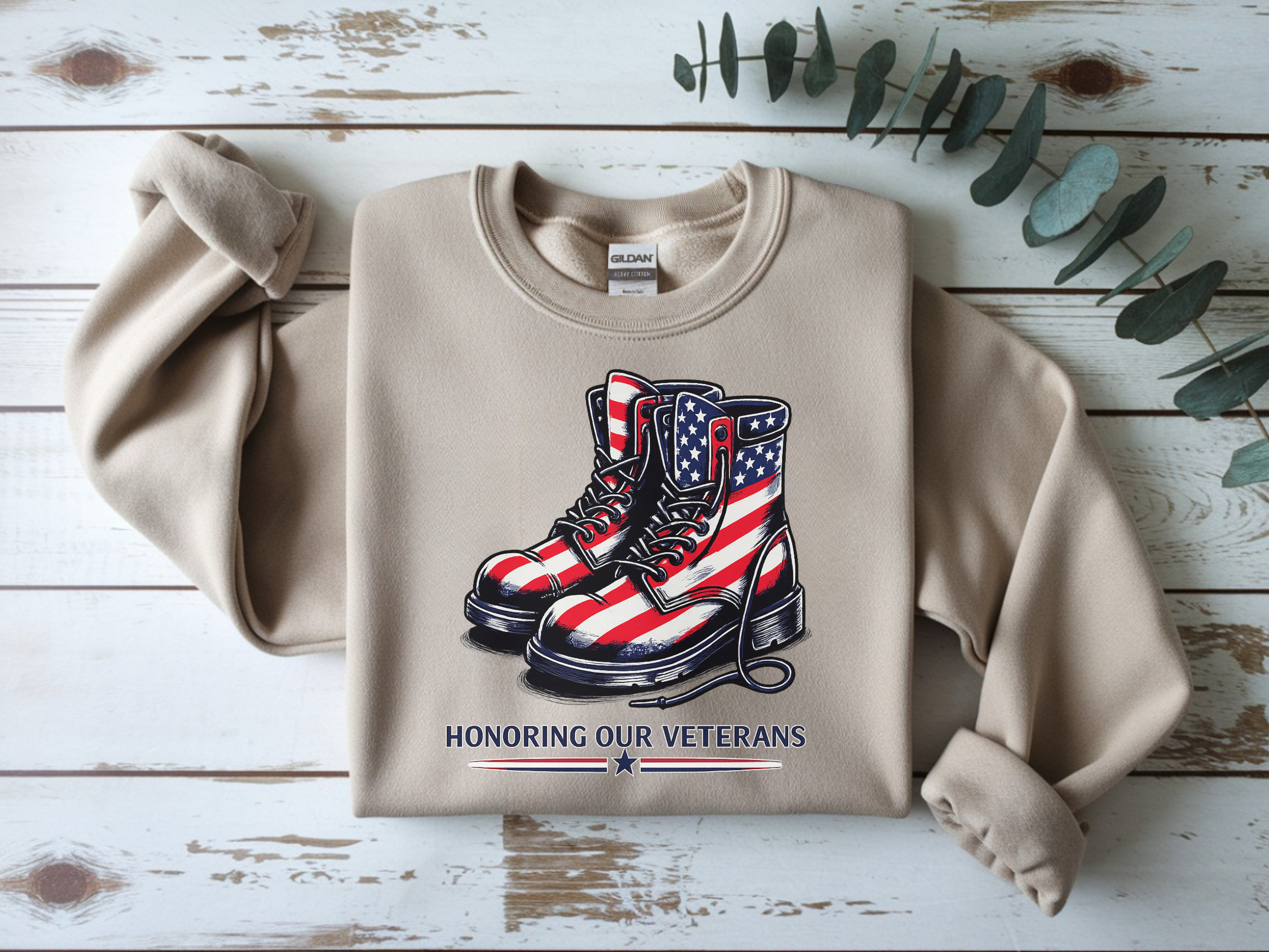 Veterans Tribute Sweatshirt — American Flag Combat Boots "Honoring Our Veterans"