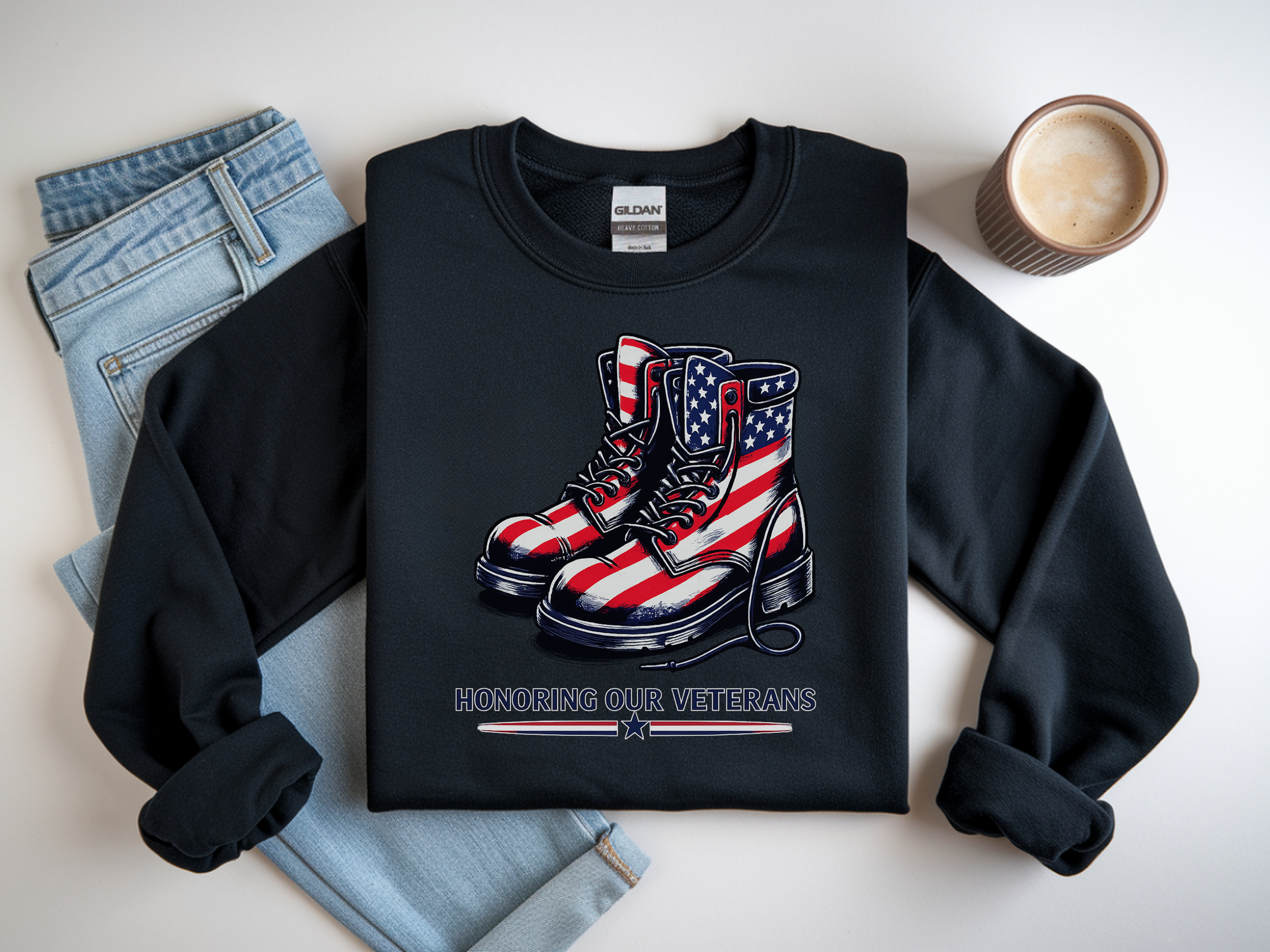 Veterans Tribute Sweatshirt — American Flag Combat Boots "Honoring Our Veterans"
