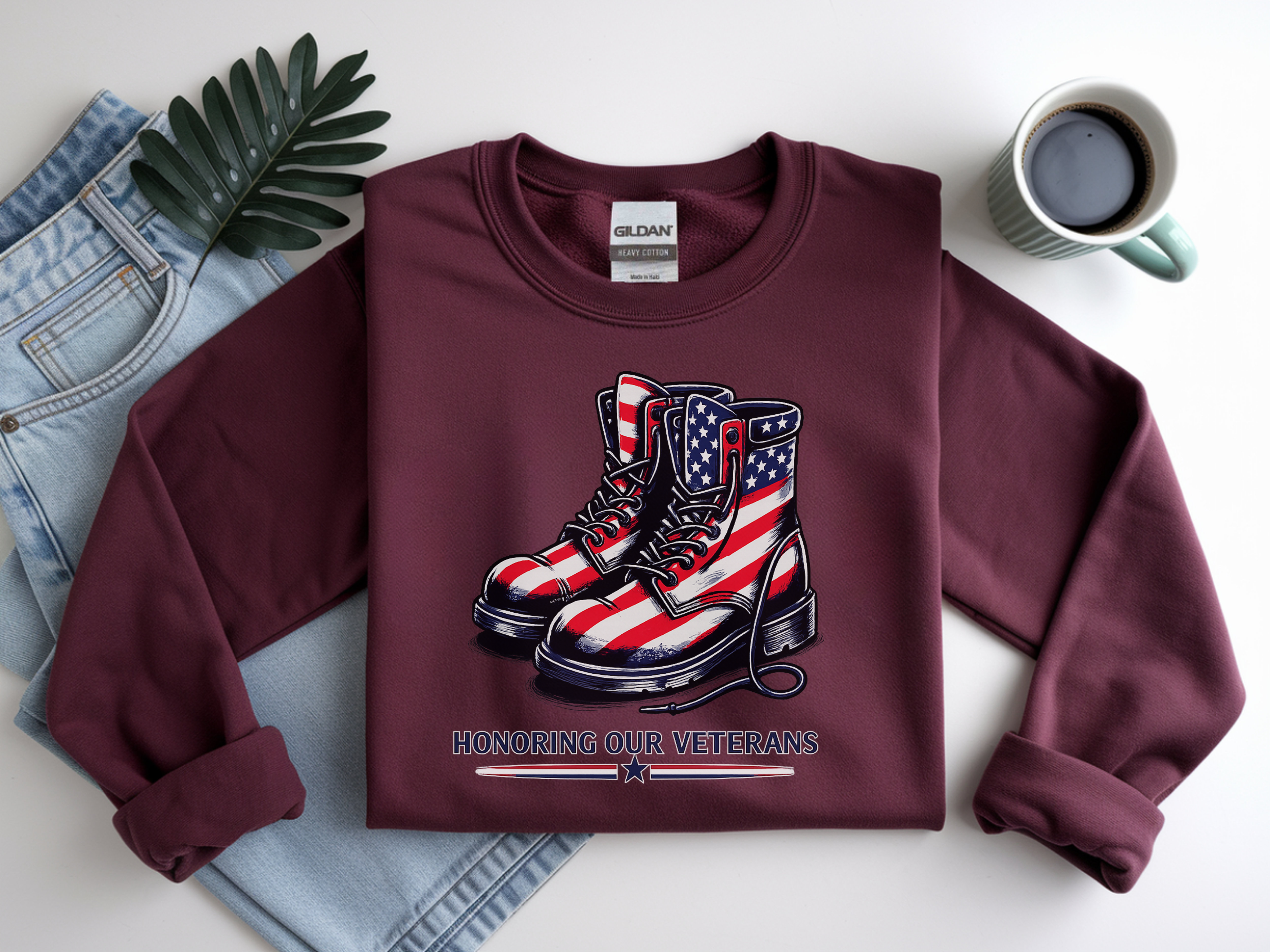 Veterans Tribute Sweatshirt — American Flag Combat Boots "Honoring Our Veterans"
