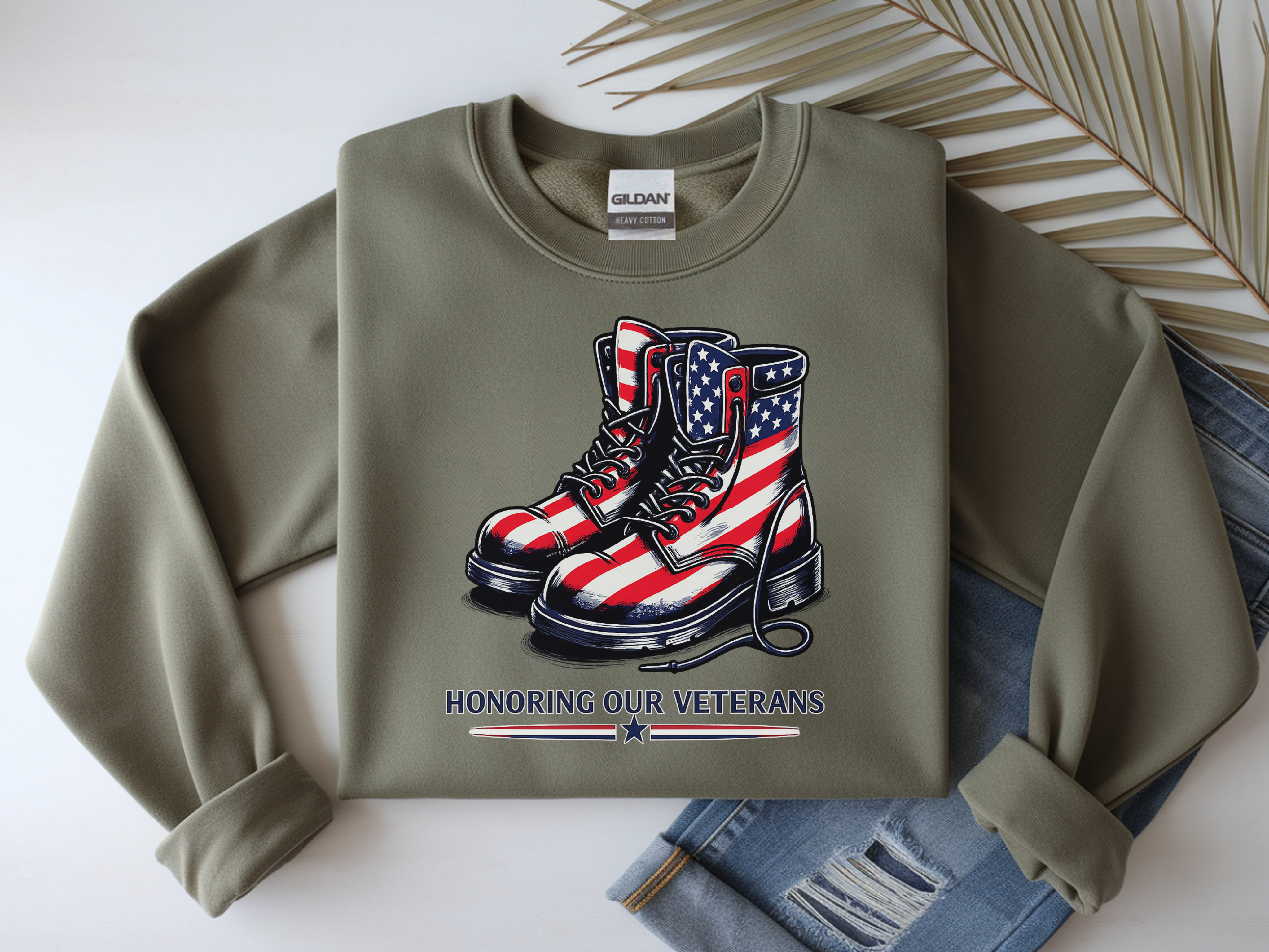 Veterans Tribute Sweatshirt — American Flag Combat Boots "Honoring Our Veterans"