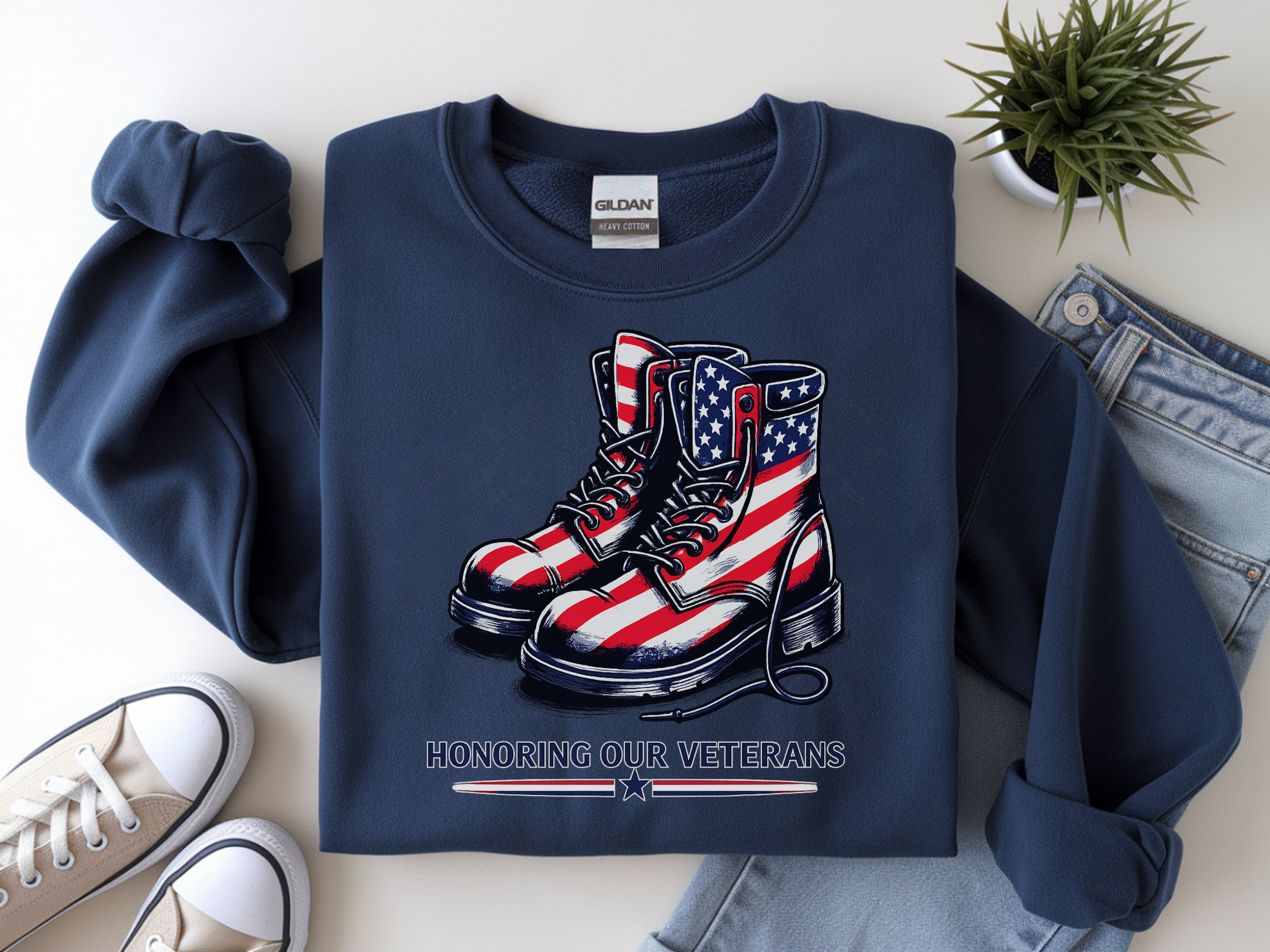 Veterans Tribute Sweatshirt — American Flag Combat Boots "Honoring Our Veterans"