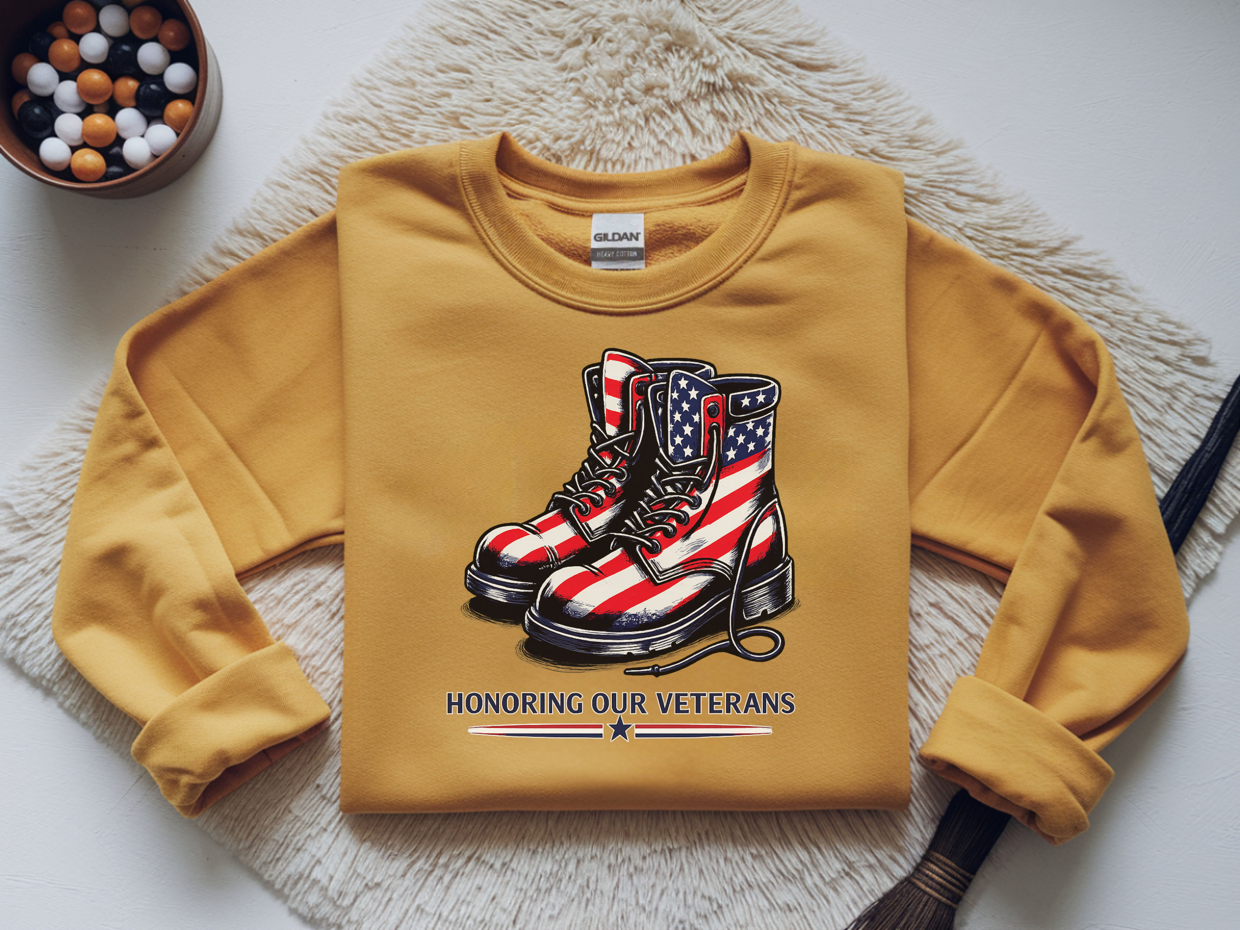 Veterans Tribute Sweatshirt — American Flag Combat Boots "Honoring Our Veterans"