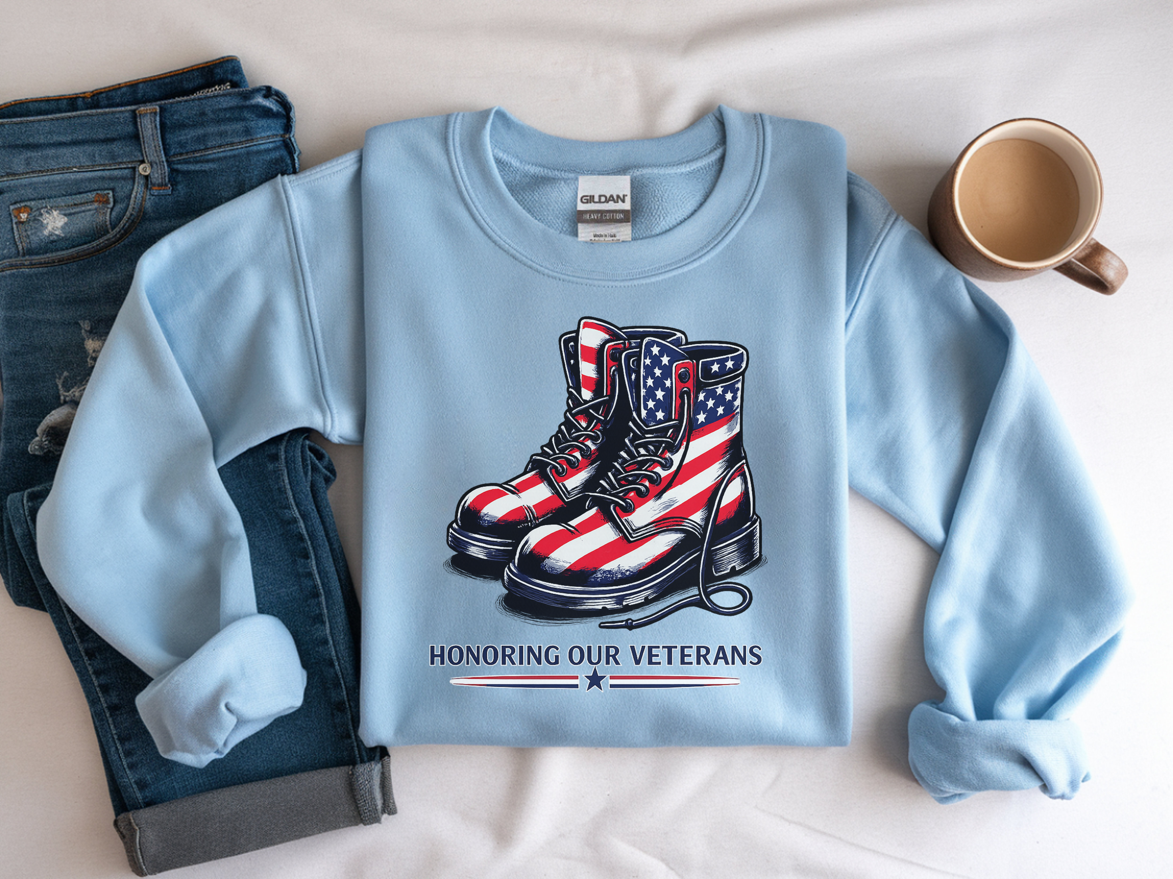 Veterans Tribute Sweatshirt — American Flag Combat Boots "Honoring Our Veterans"