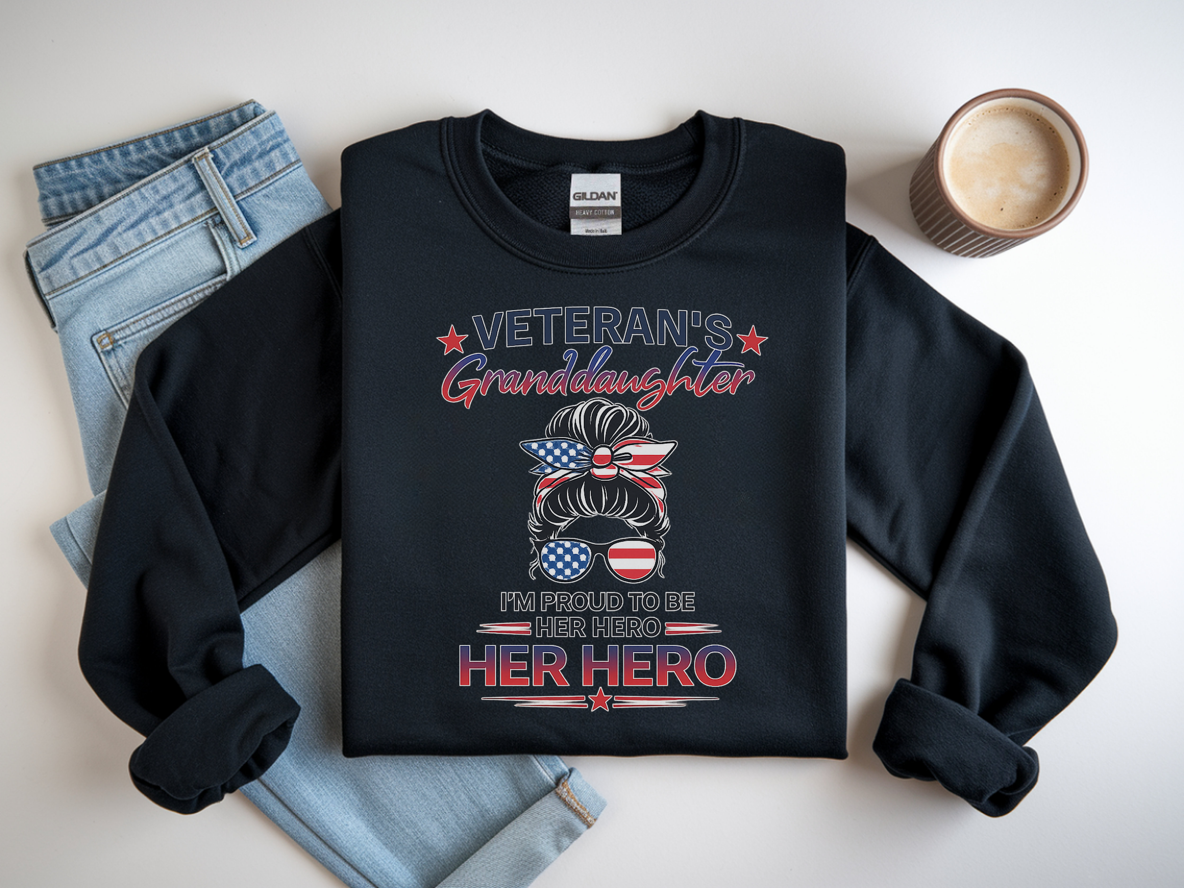 Veteran's Granddaughter Crewneck Sweatshirt – 'Her Hero' Patriotic Pullover