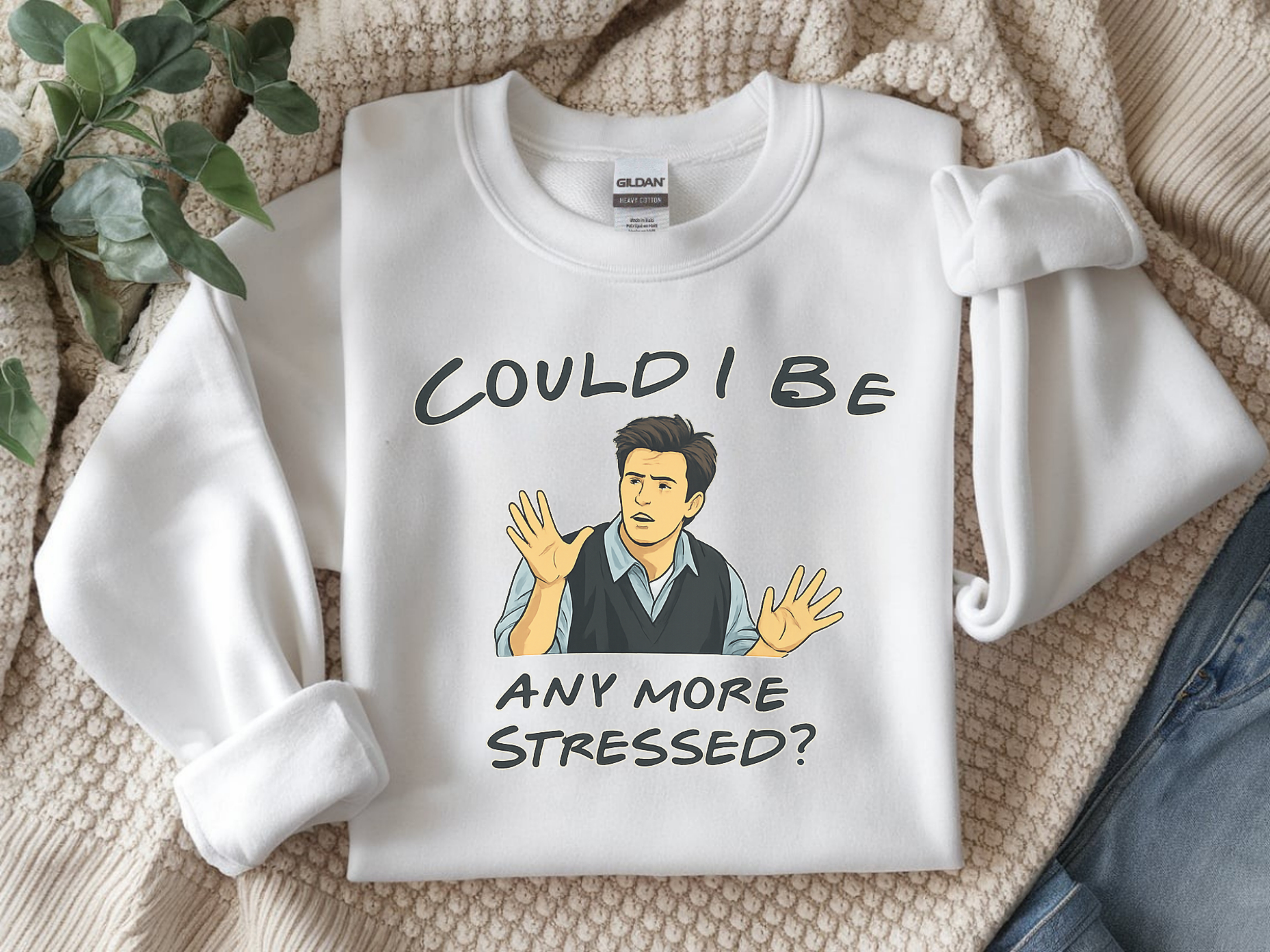 Could I Be Any More Stressed? Sweatshirt — Funny Sarcastic Crewneck for Friends & TV Fans