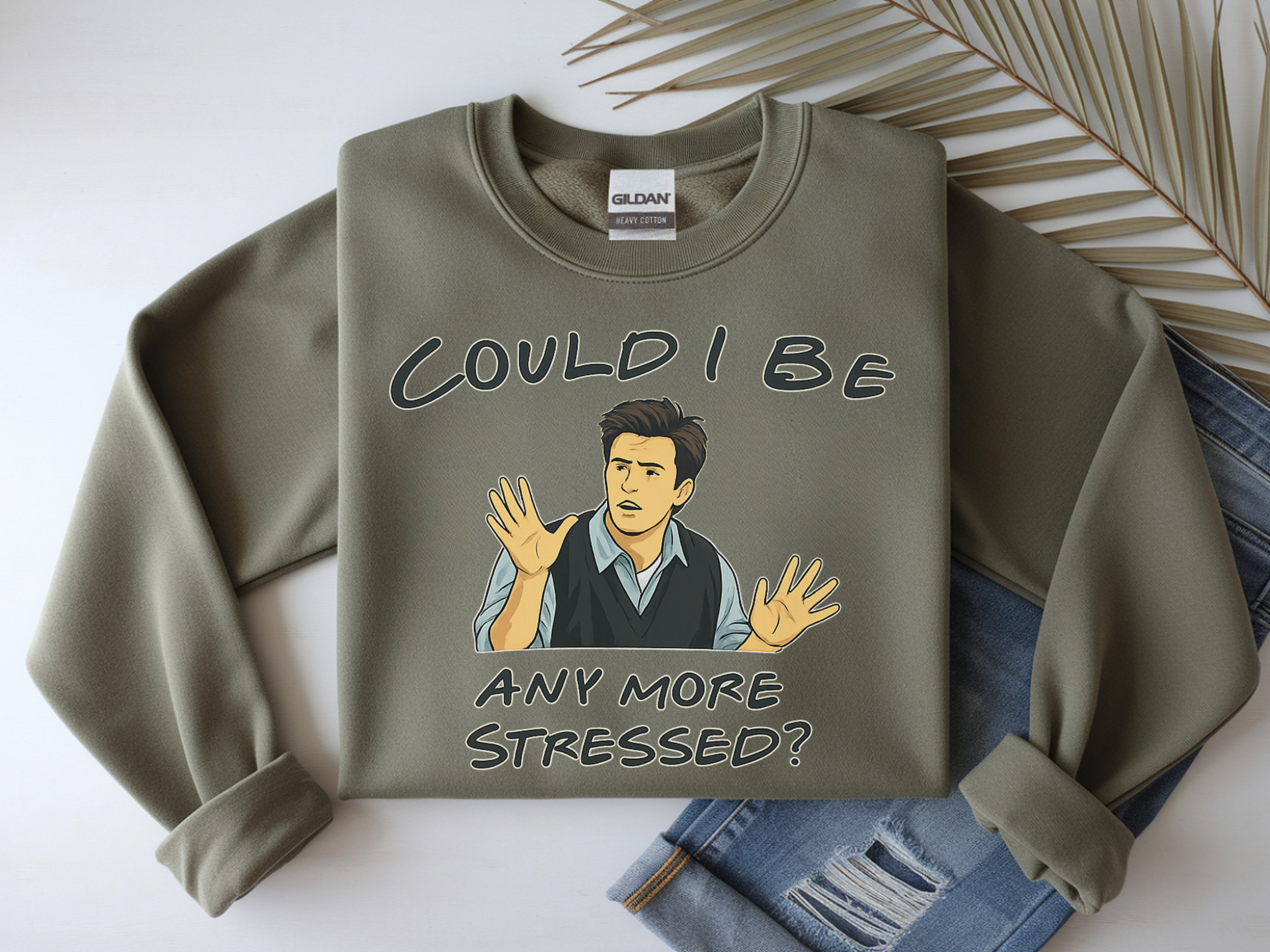 Could I Be Any More Stressed? Sweatshirt — Funny Sarcastic Crewneck for Friends & TV Fans