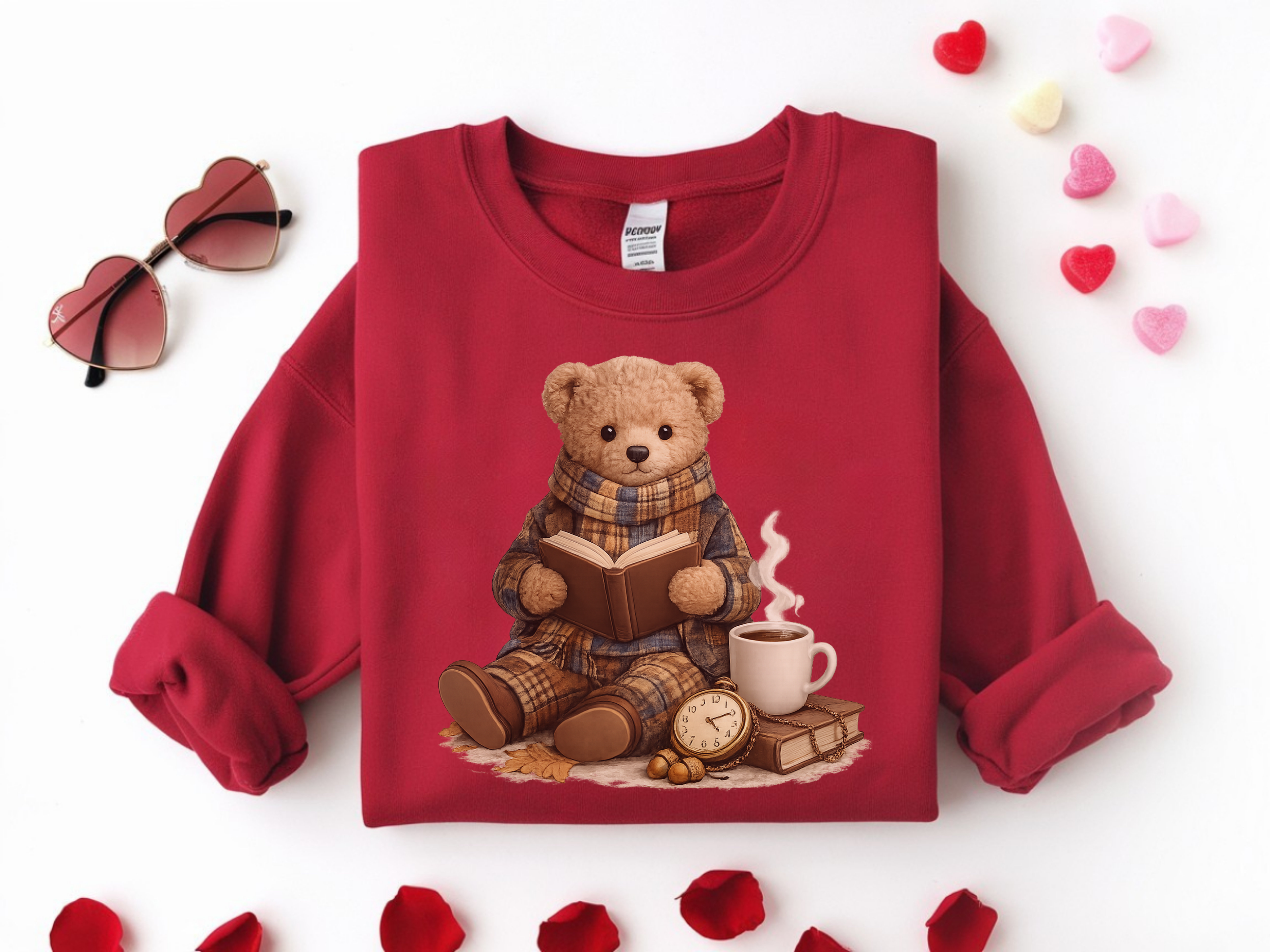 Cozy Reading Bear Sweatshirt — Vintage Teddy with Book, Mug & Clock