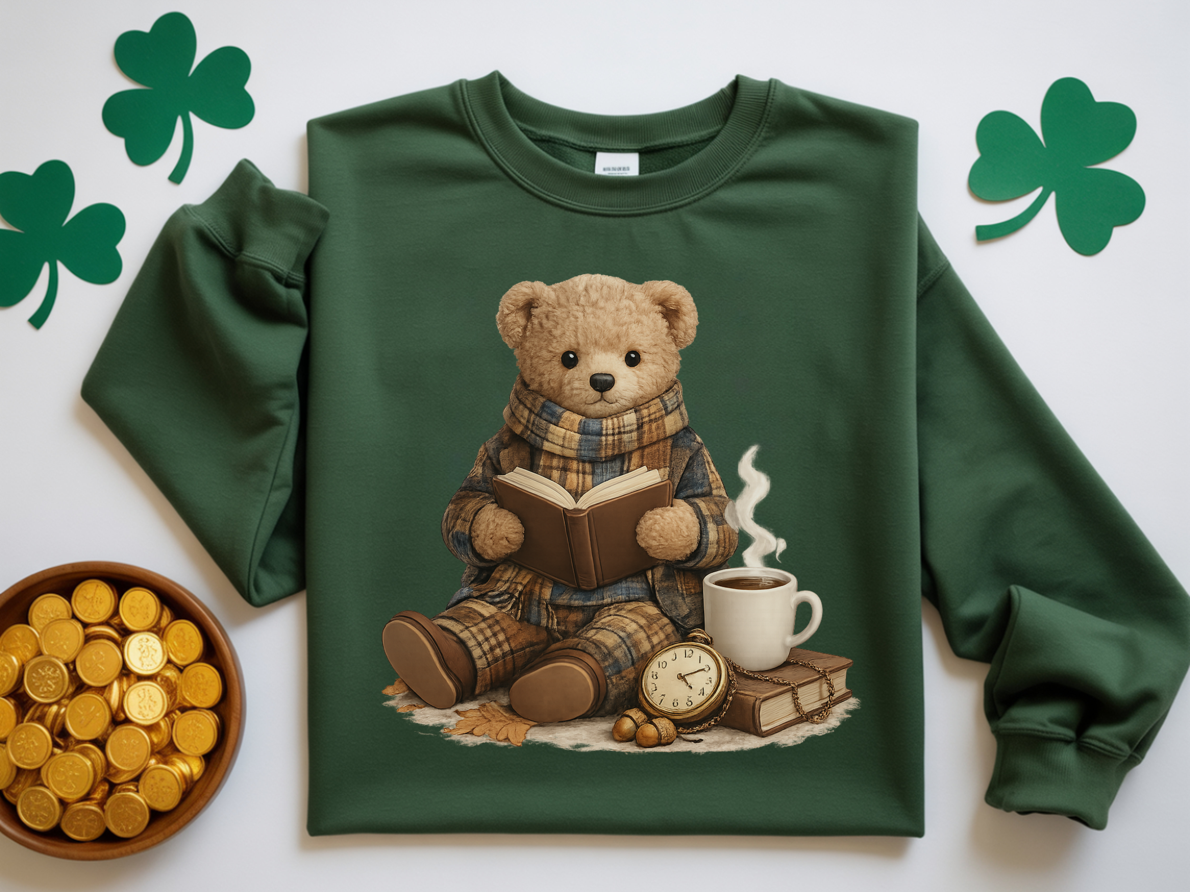 Cozy Reading Bear Sweatshirt — Vintage Teddy with Book, Mug & Clock