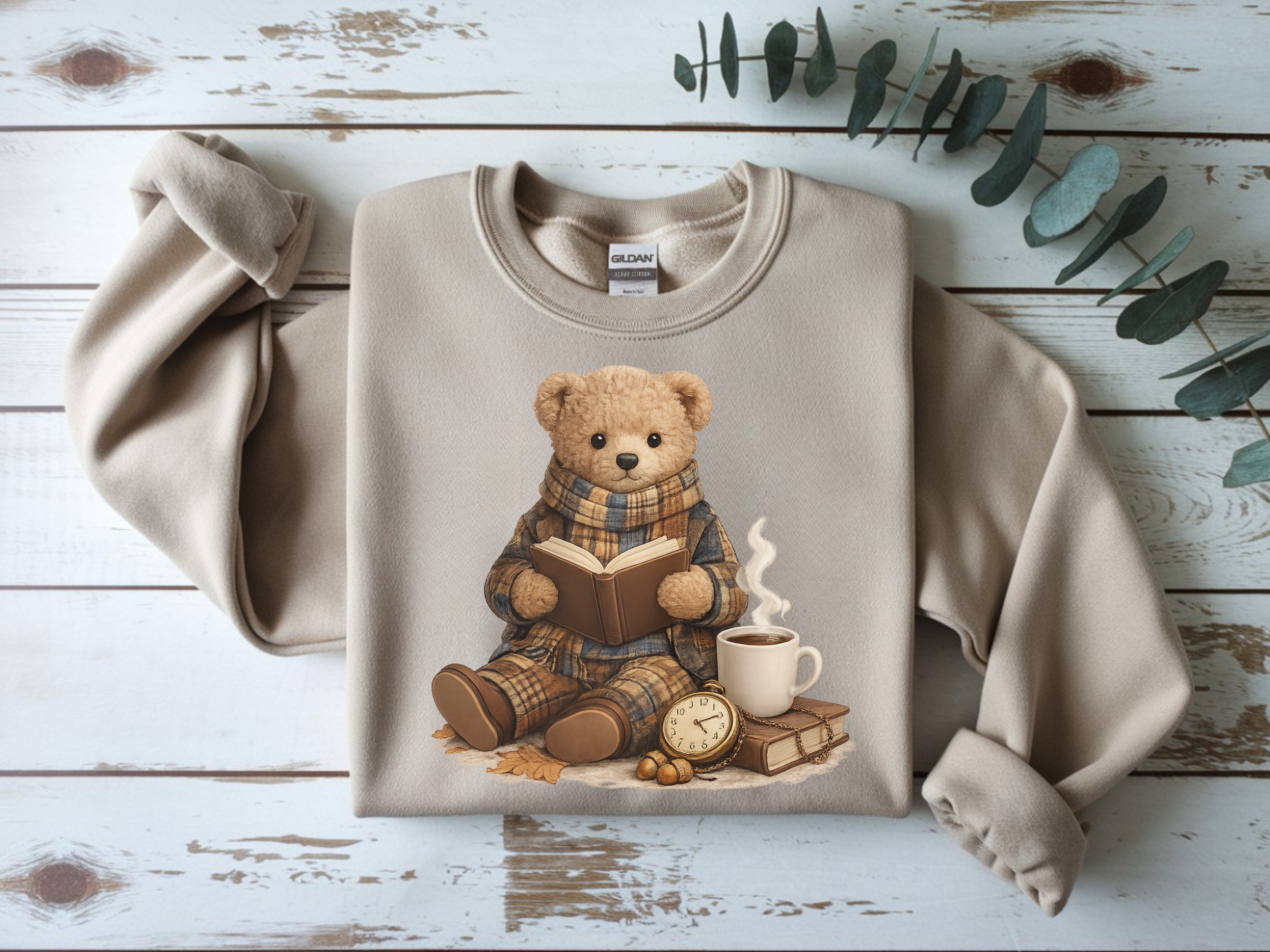 Cozy Reading Bear Sweatshirt — Vintage Teddy with Book, Mug & Clock