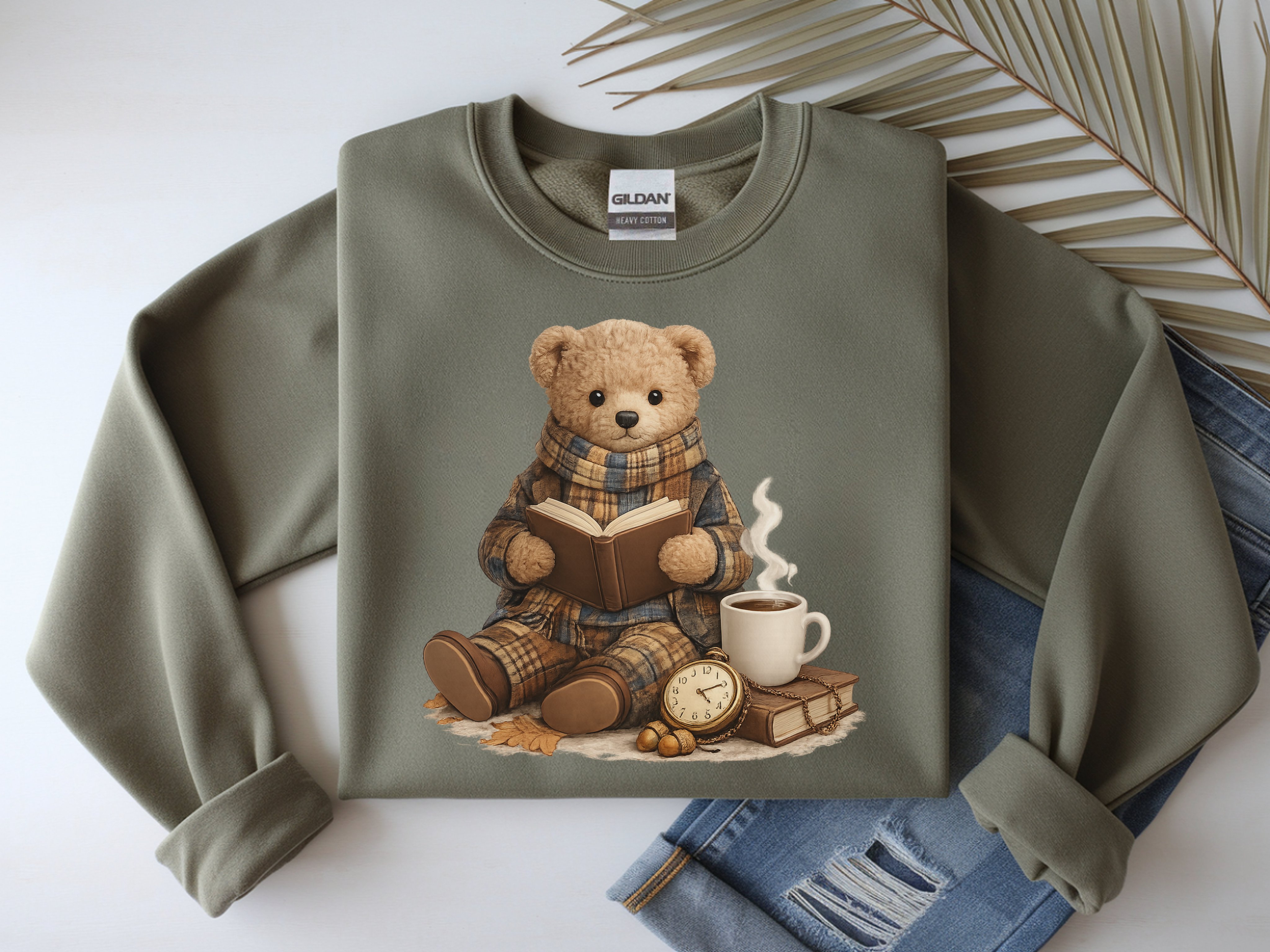 Cozy Reading Bear Sweatshirt — Vintage Teddy with Book, Mug & Clock