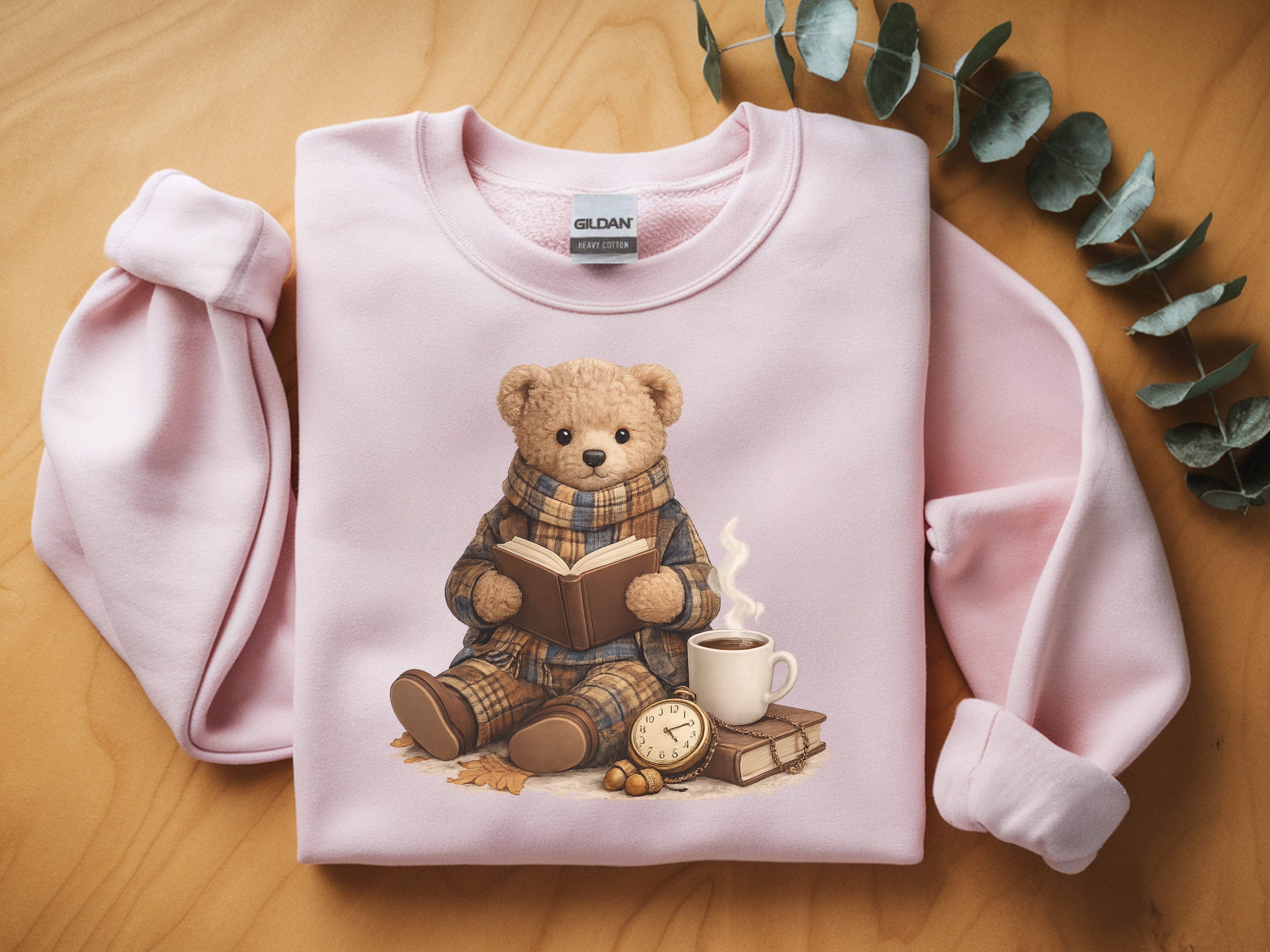 Cozy Reading Bear Sweatshirt — Vintage Teddy with Book, Mug & Clock