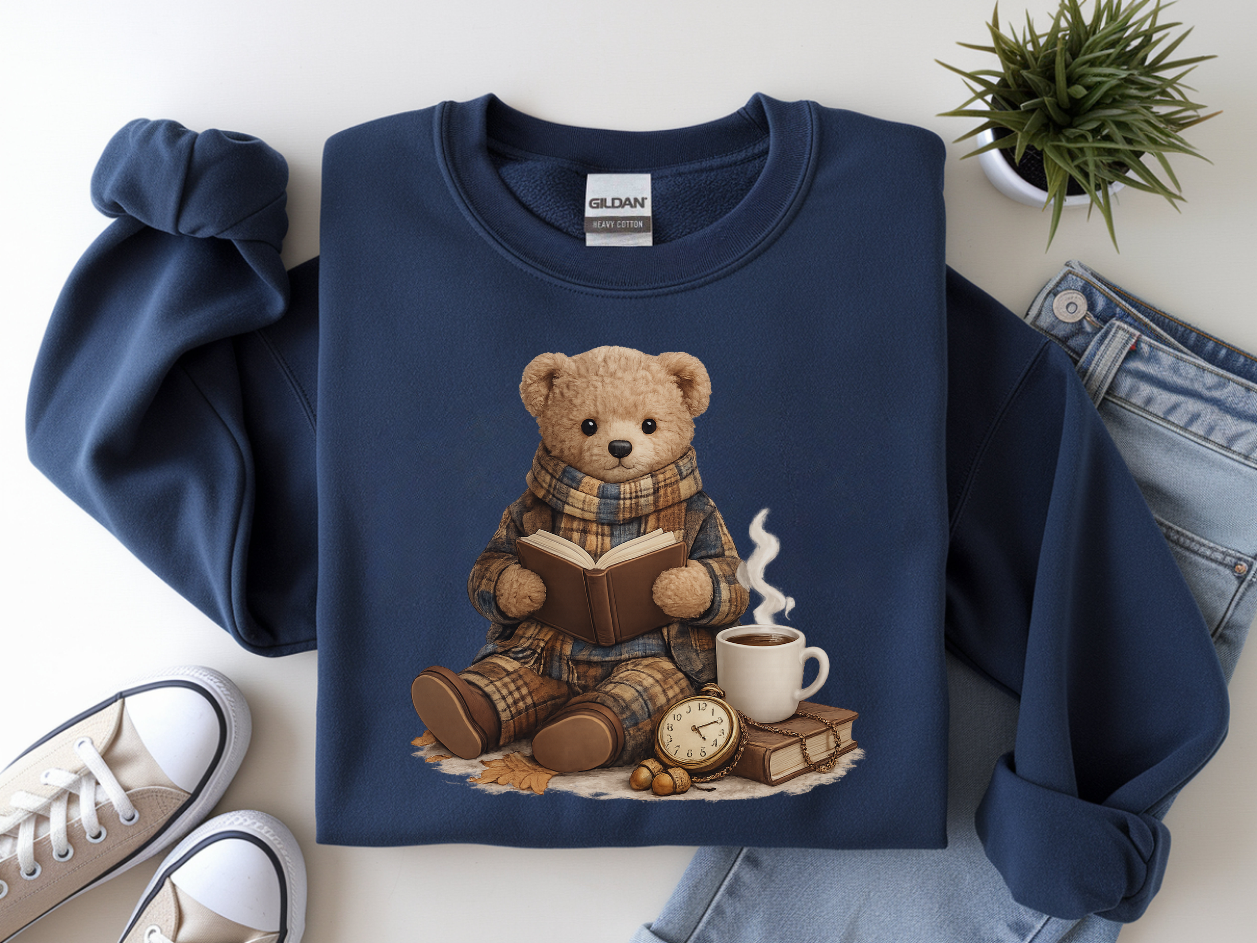 Cozy Reading Bear Sweatshirt — Vintage Teddy with Book, Mug & Clock