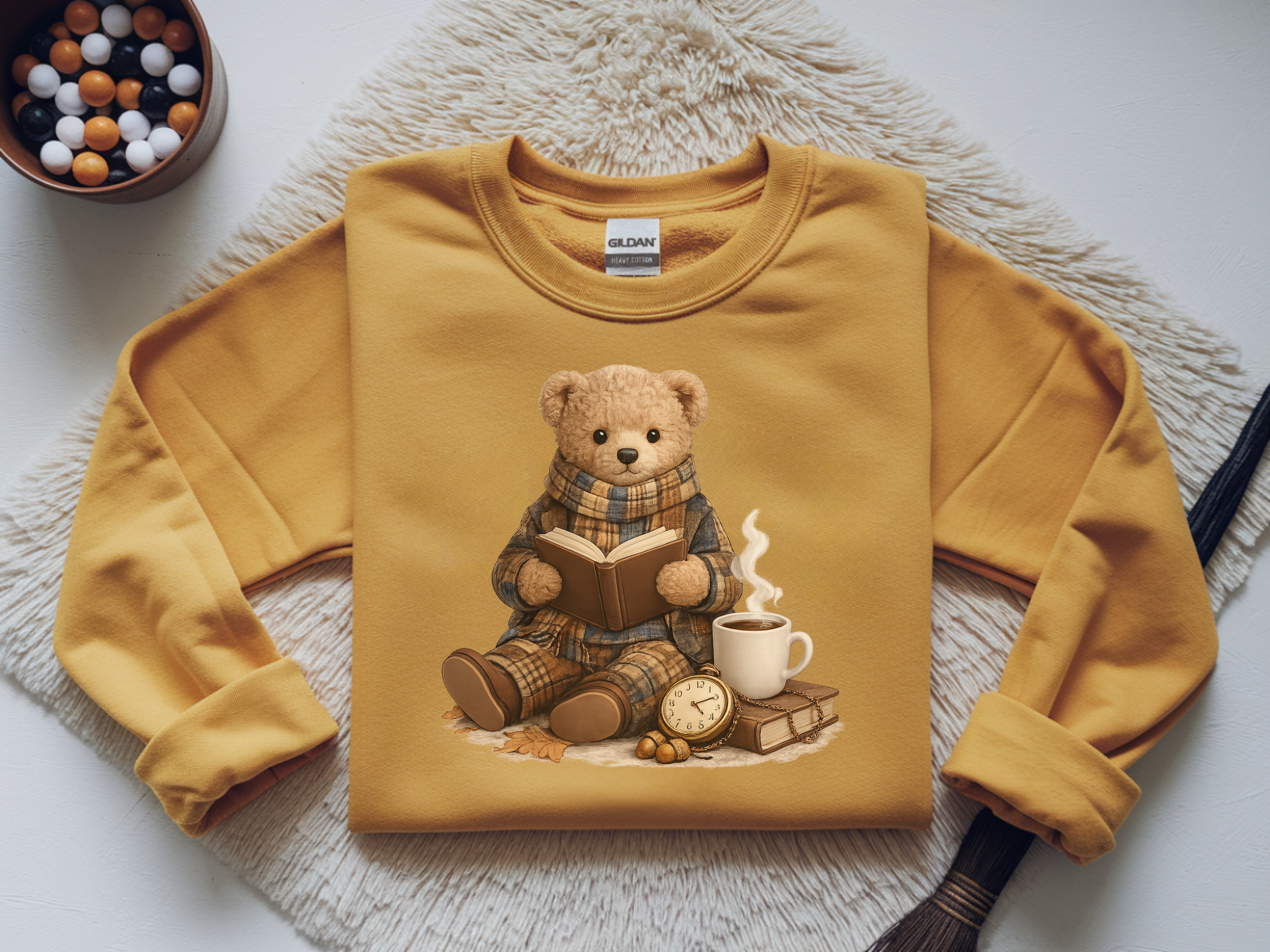 Cozy Reading Bear Sweatshirt — Vintage Teddy with Book, Mug & Clock