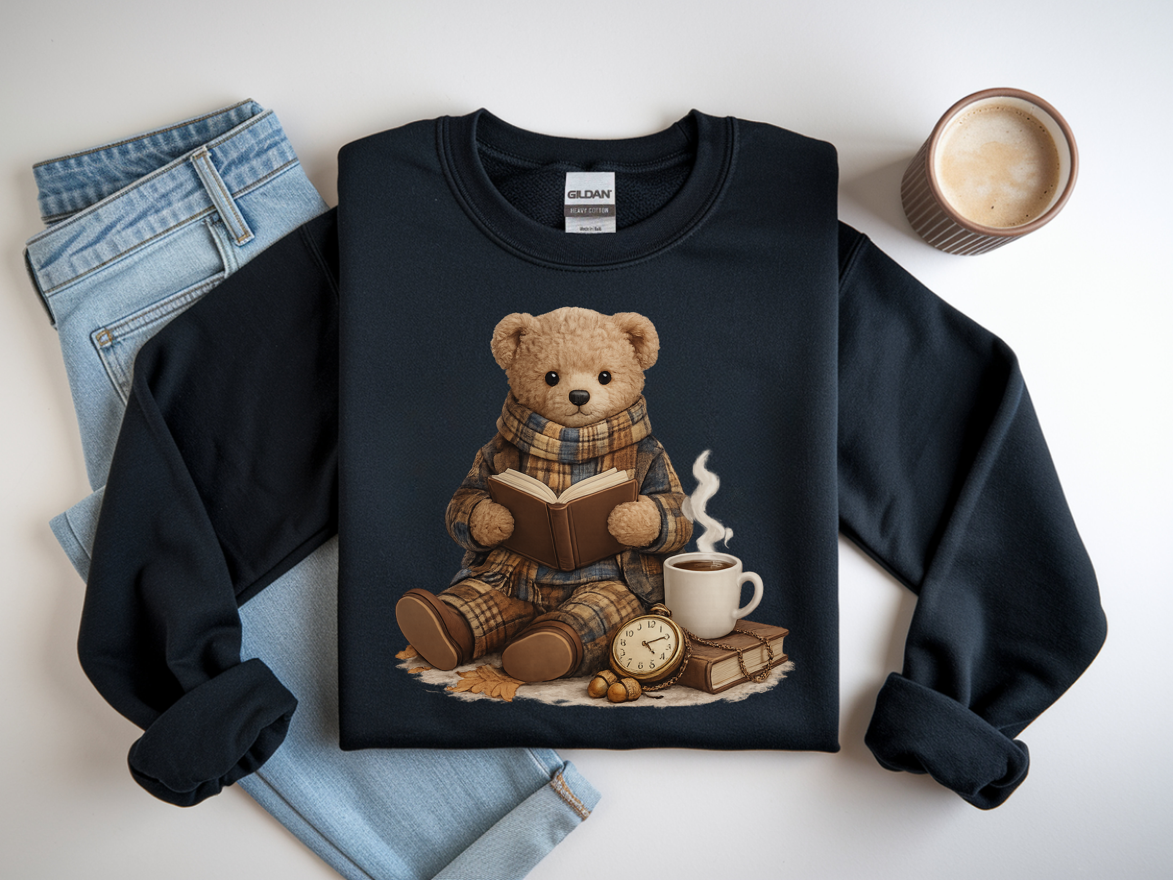 Cozy Reading Bear Sweatshirt — Vintage Teddy with Book, Mug & Clock