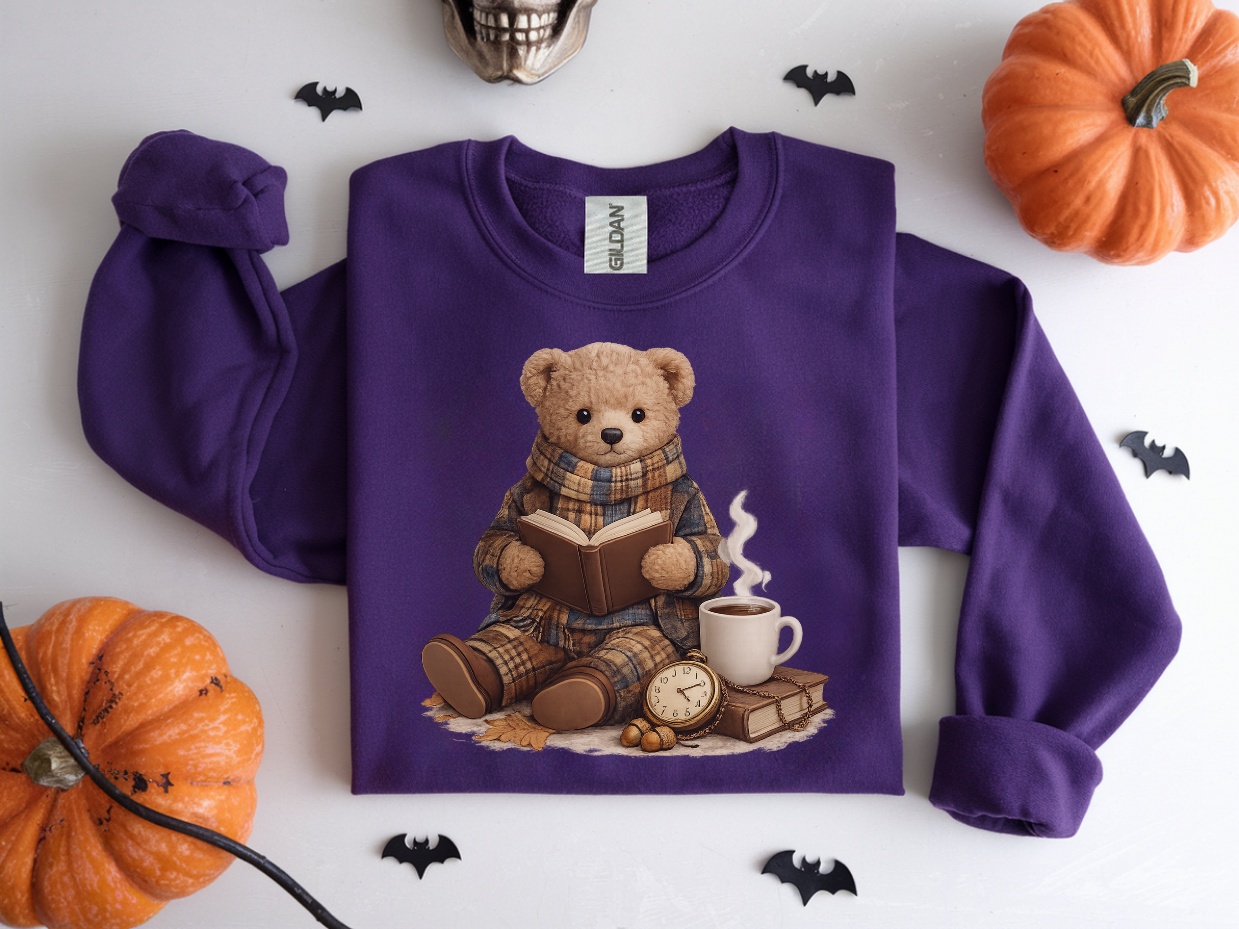 Cozy Reading Bear Sweatshirt — Vintage Teddy with Book, Mug & Clock