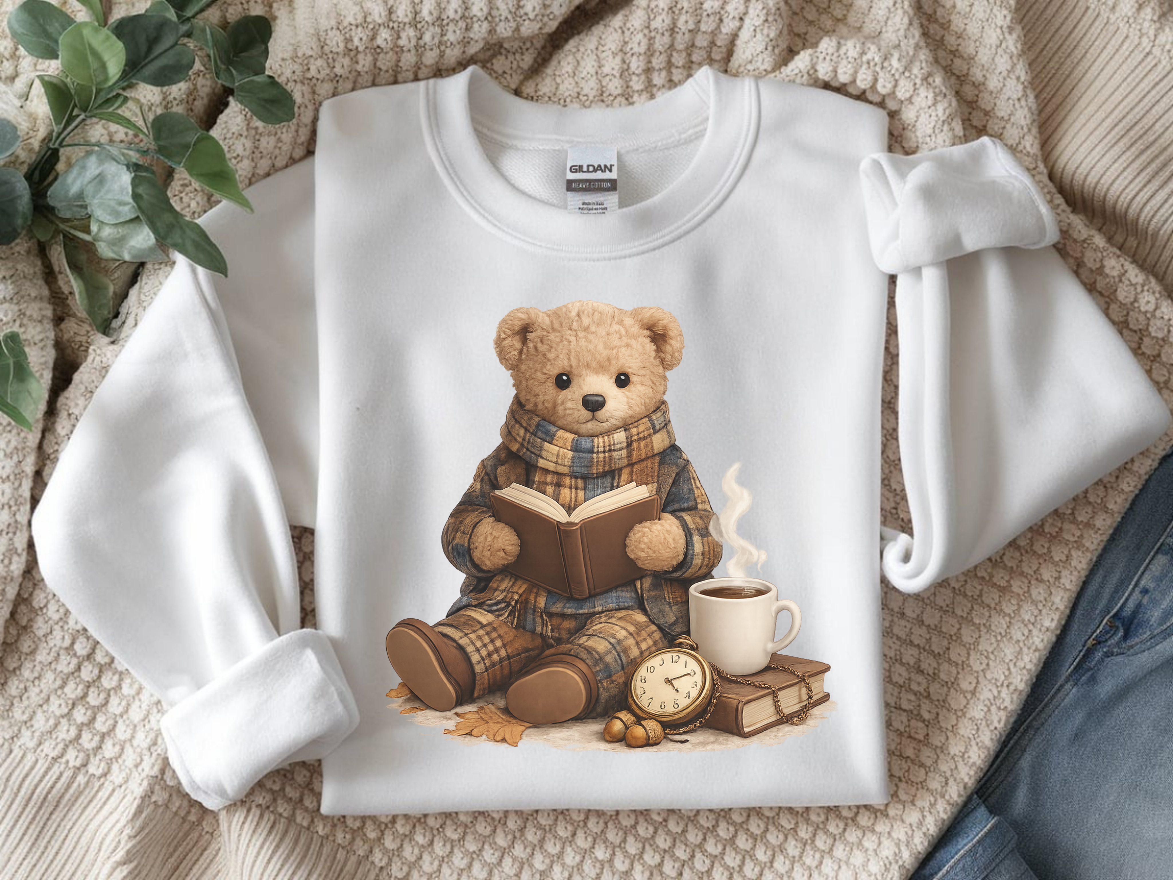 Cozy Reading Bear Sweatshirt — Vintage Teddy with Book, Mug & Clock