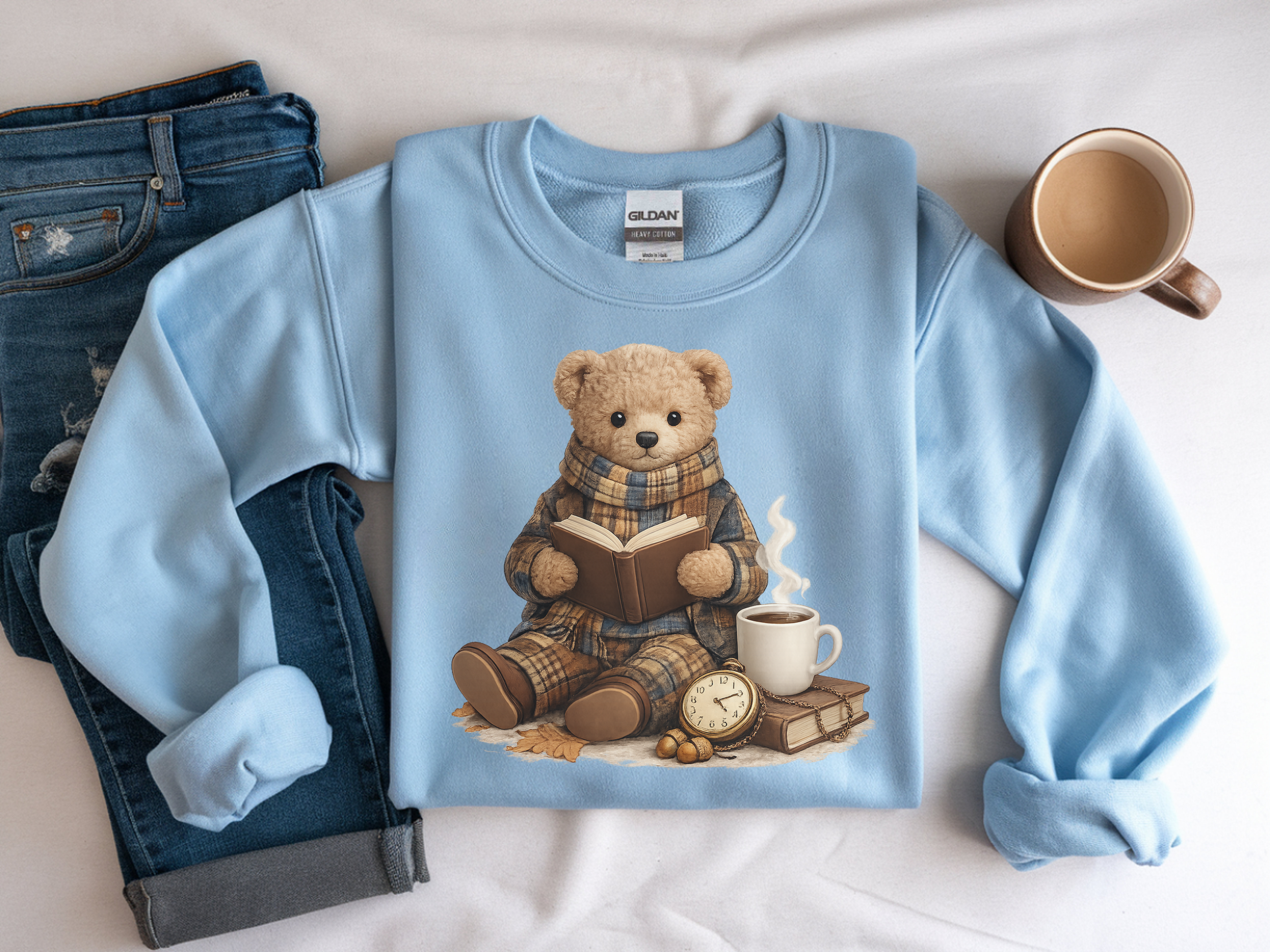 Cozy Reading Bear Sweatshirt — Vintage Teddy with Book, Mug & Clock
