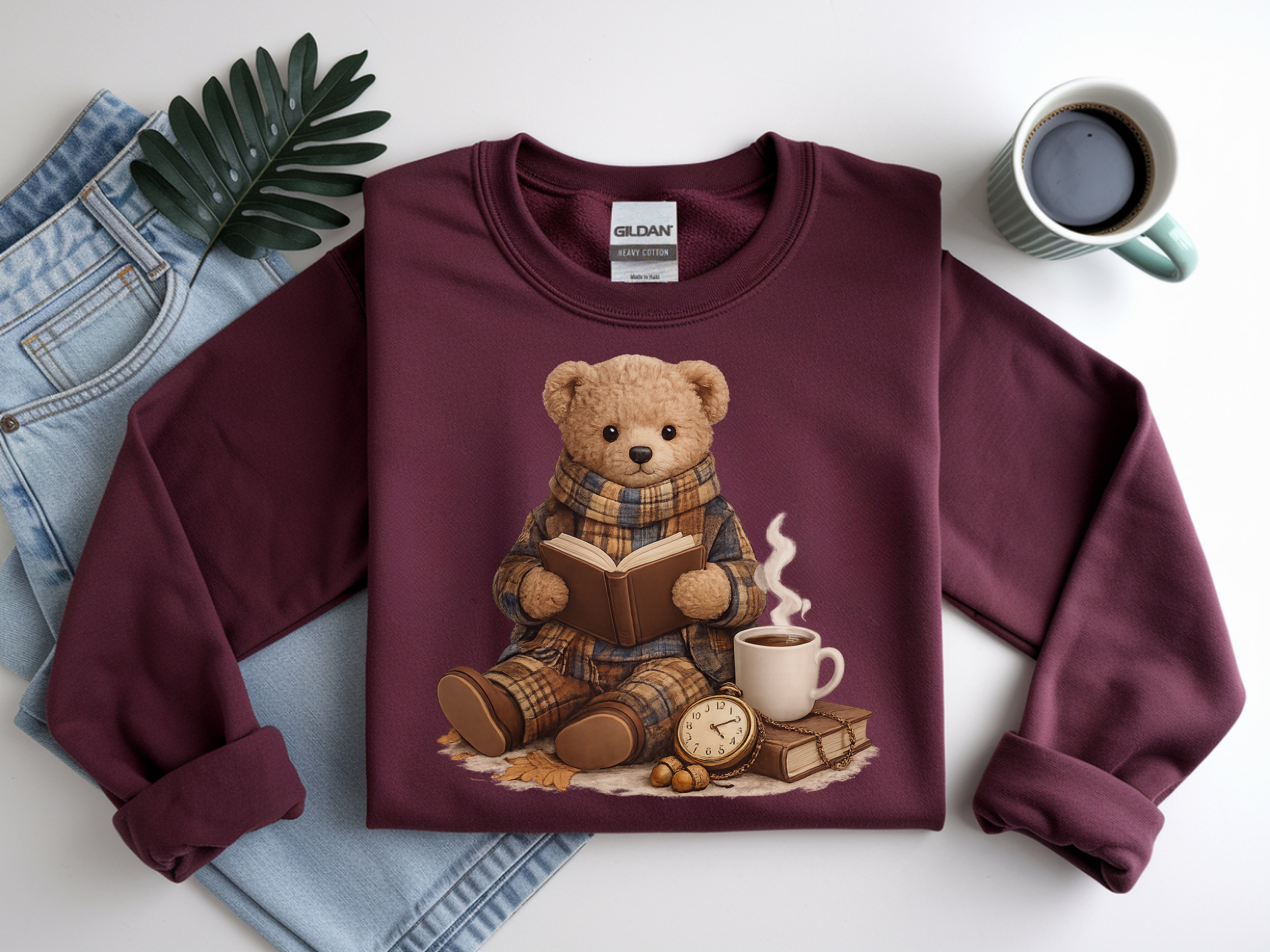 Cozy Reading Bear Sweatshirt — Vintage Teddy with Book, Mug & Clock