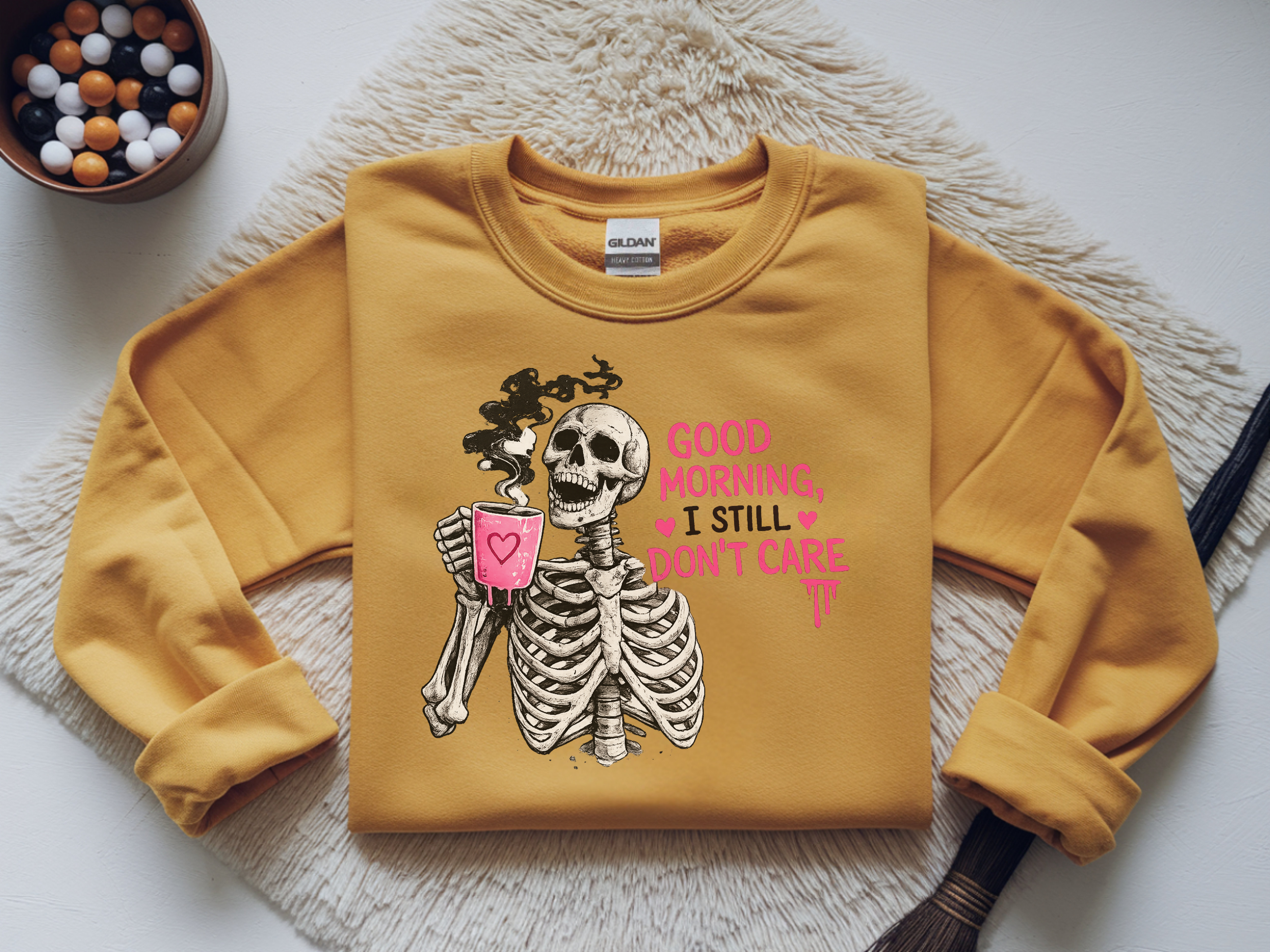 Skeleton Coffee Crewneck Sweatshirt — "Good Morning, I Still Don't Care" Graphic