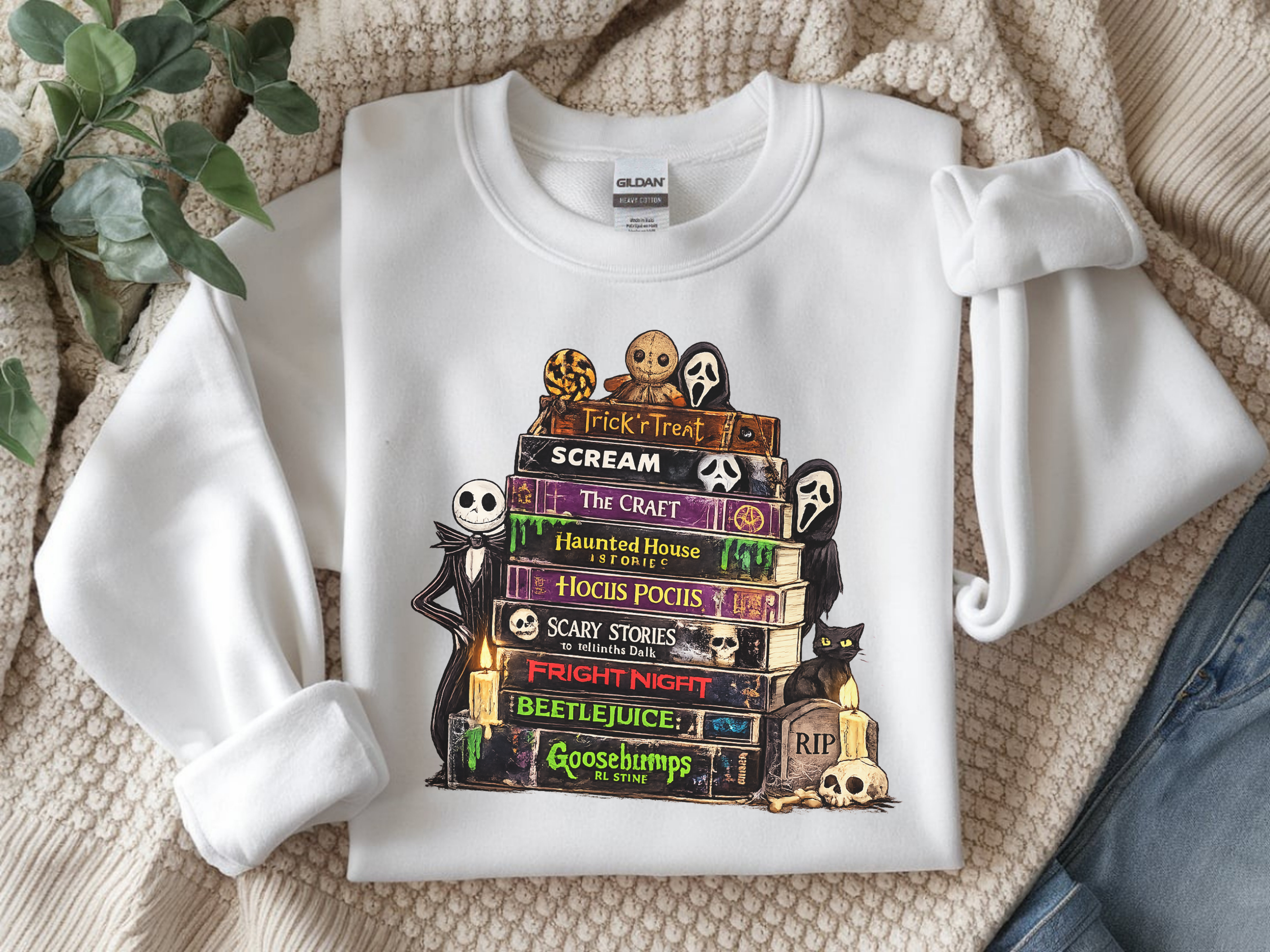 Sweatshirt — Halloween Horror Book Stack Graphic Crewneck