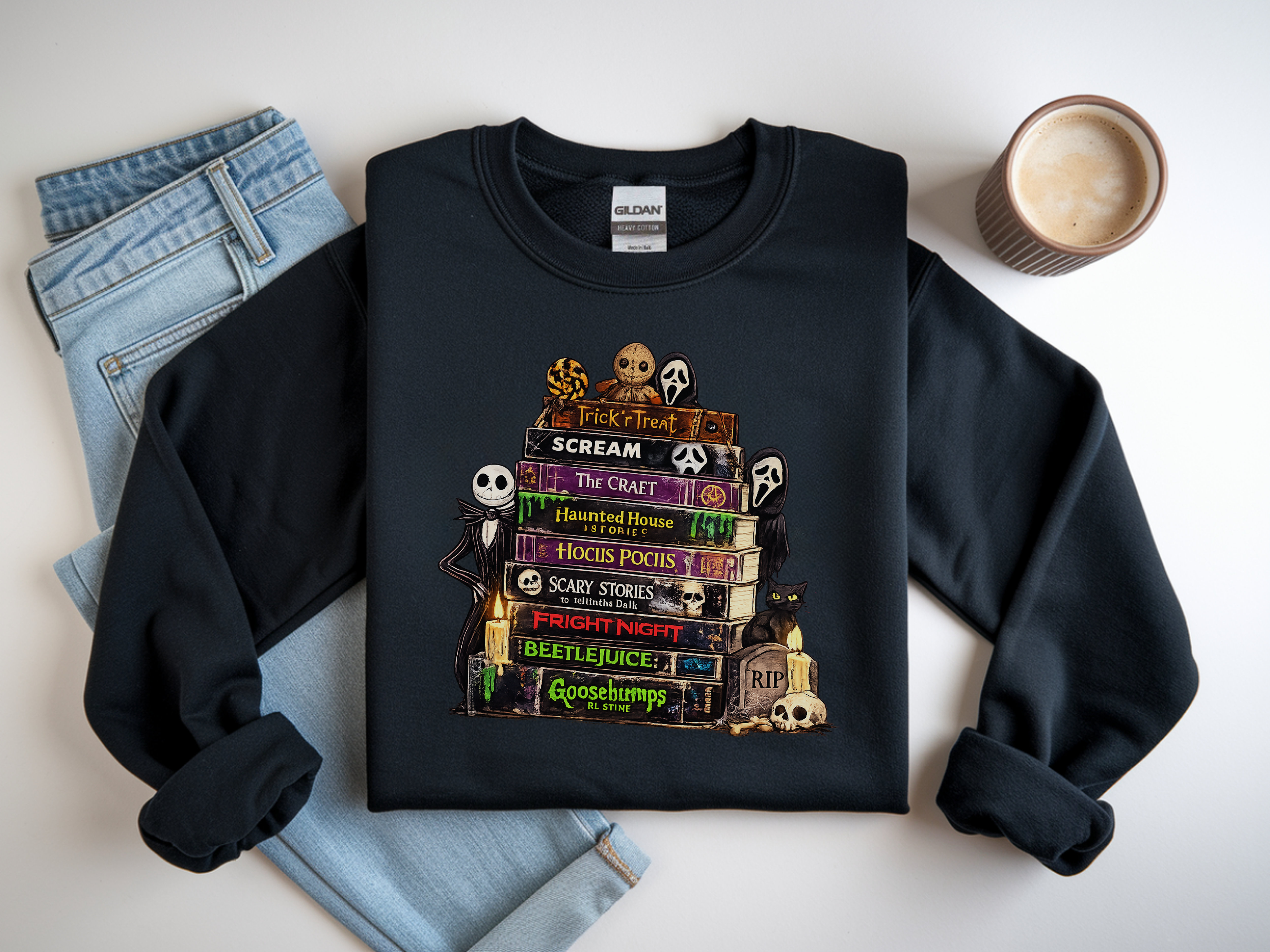 Sweatshirt — Halloween Horror Book Stack Graphic Crewneck