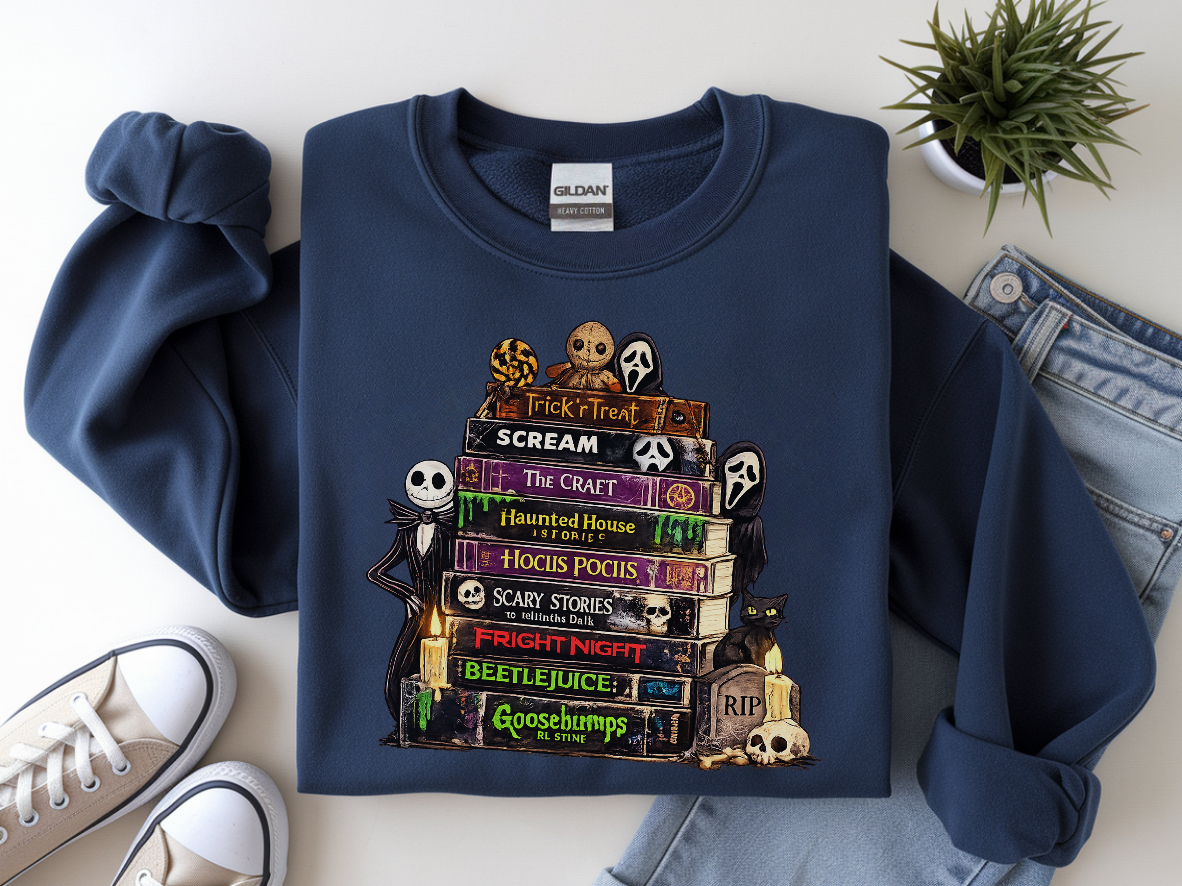 Sweatshirt — Halloween Horror Book Stack Graphic Crewneck