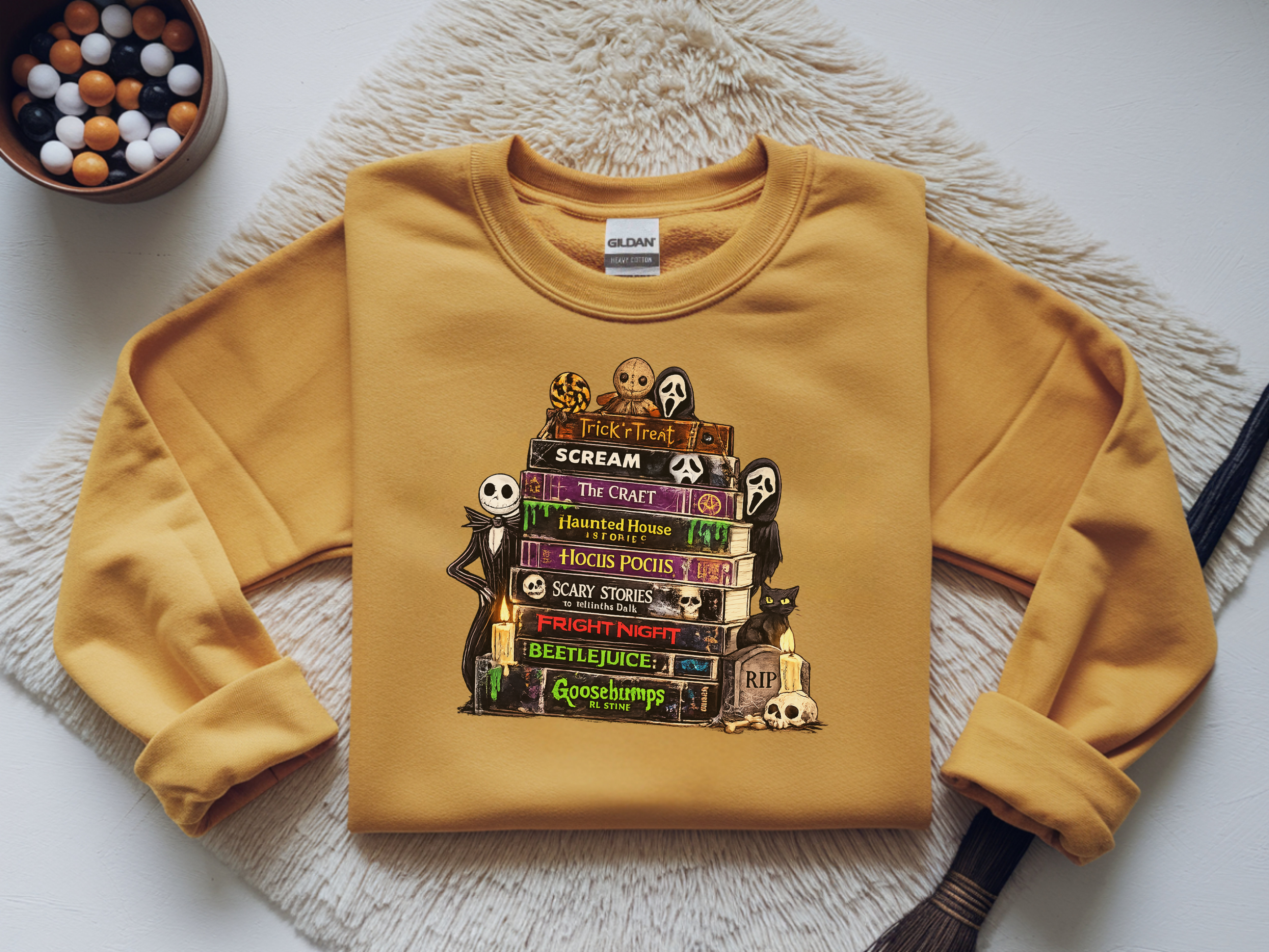 Sweatshirt — Halloween Horror Book Stack Graphic Crewneck
