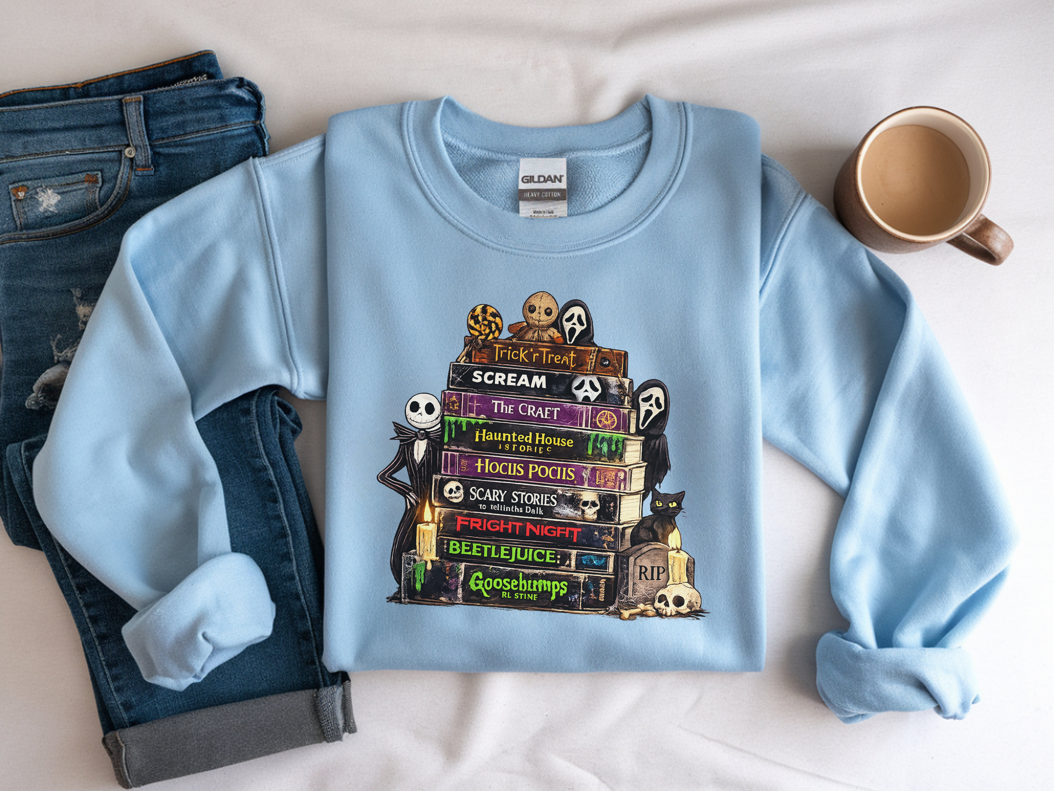 Sweatshirt — Halloween Horror Book Stack Graphic Crewneck