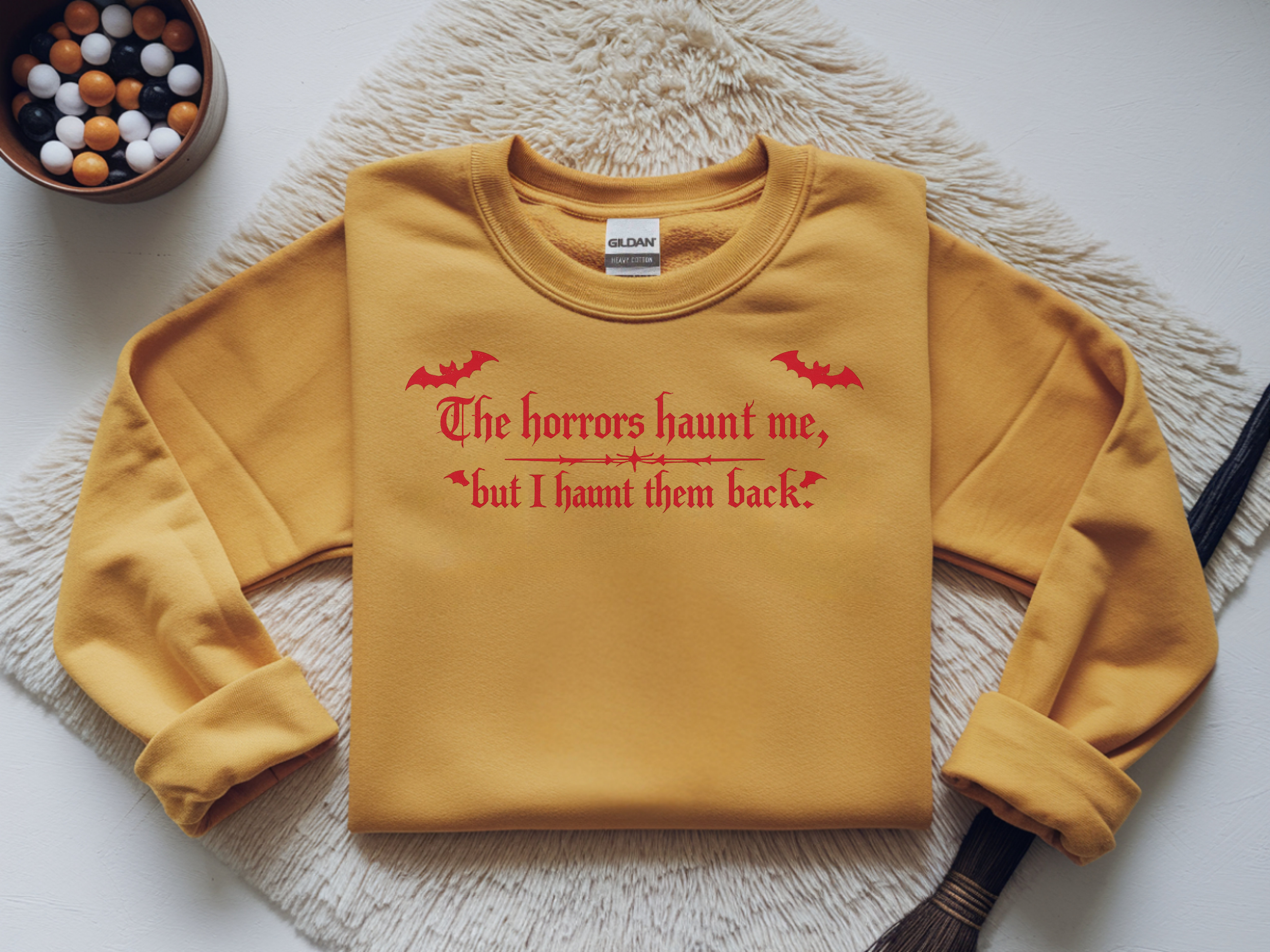 Crewneck Sweatshirt — "The horrors haunt me, but I haunt them back" Red Gothic Halloween Design