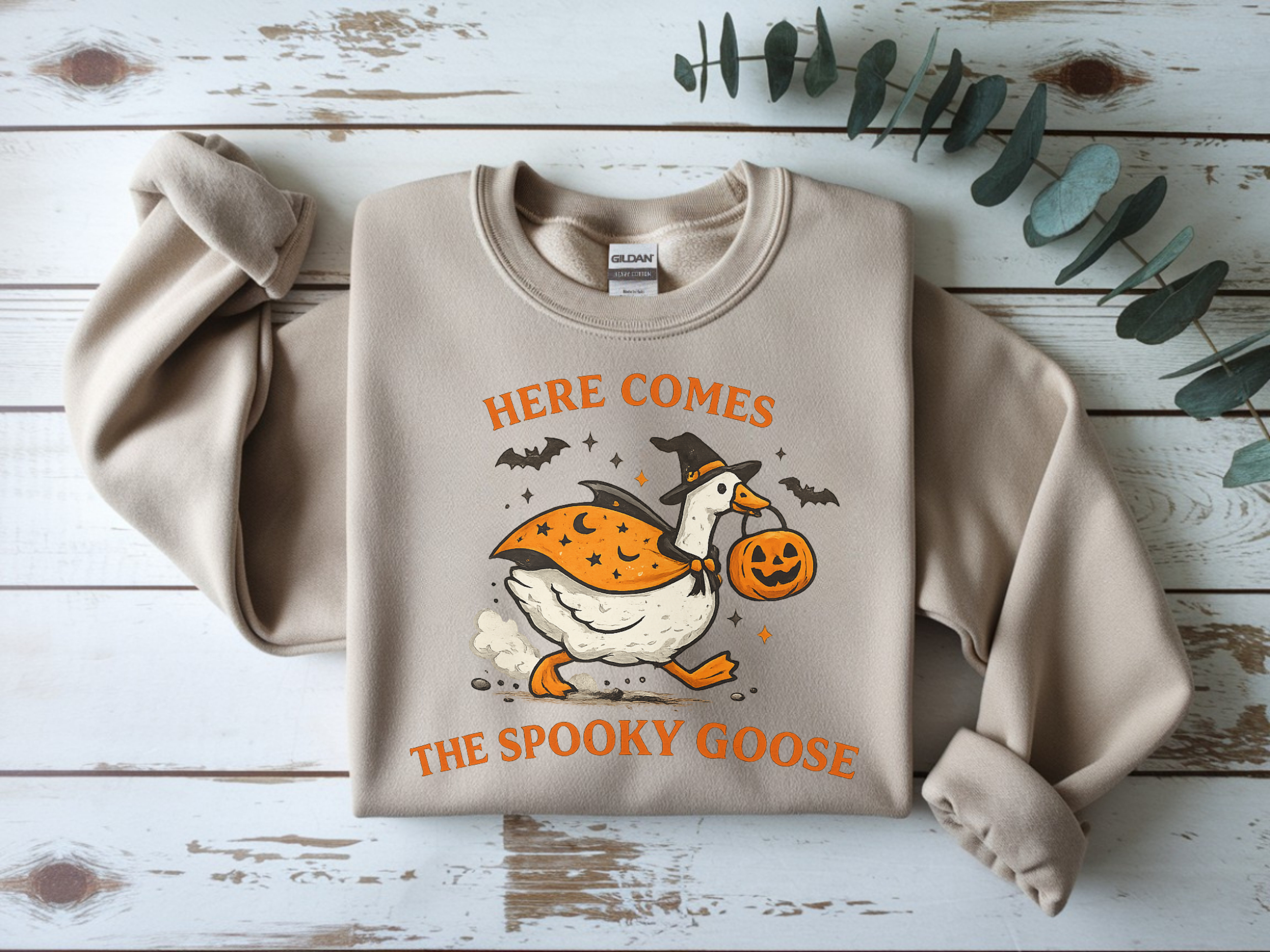 Halloween Goose Sweatshirt – "Here Comes the Spooky Goose" Cute Pumpkin Costume Crewneck
