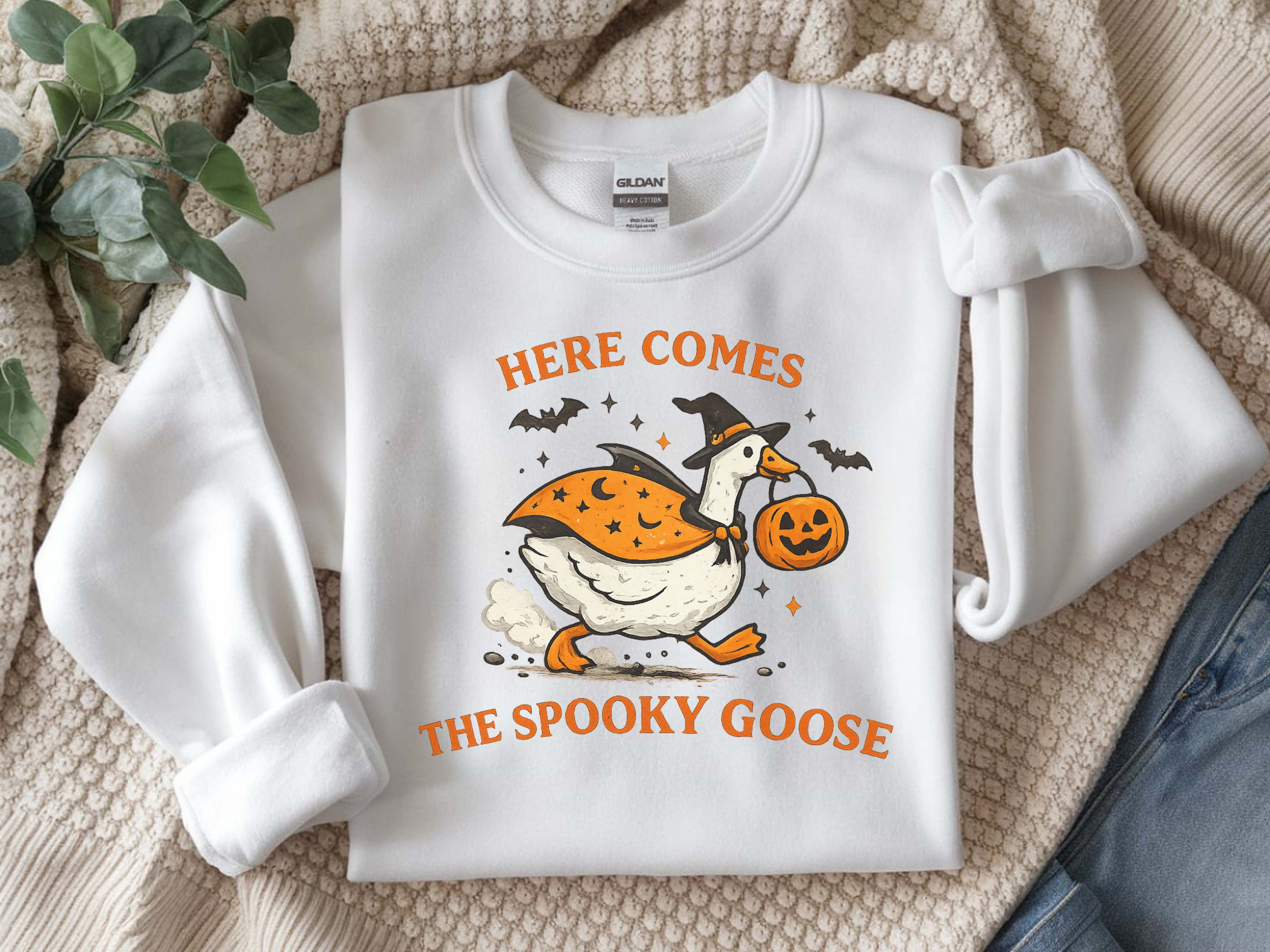 Halloween Goose Sweatshirt – "Here Comes the Spooky Goose" Cute Pumpkin Costume Crewneck