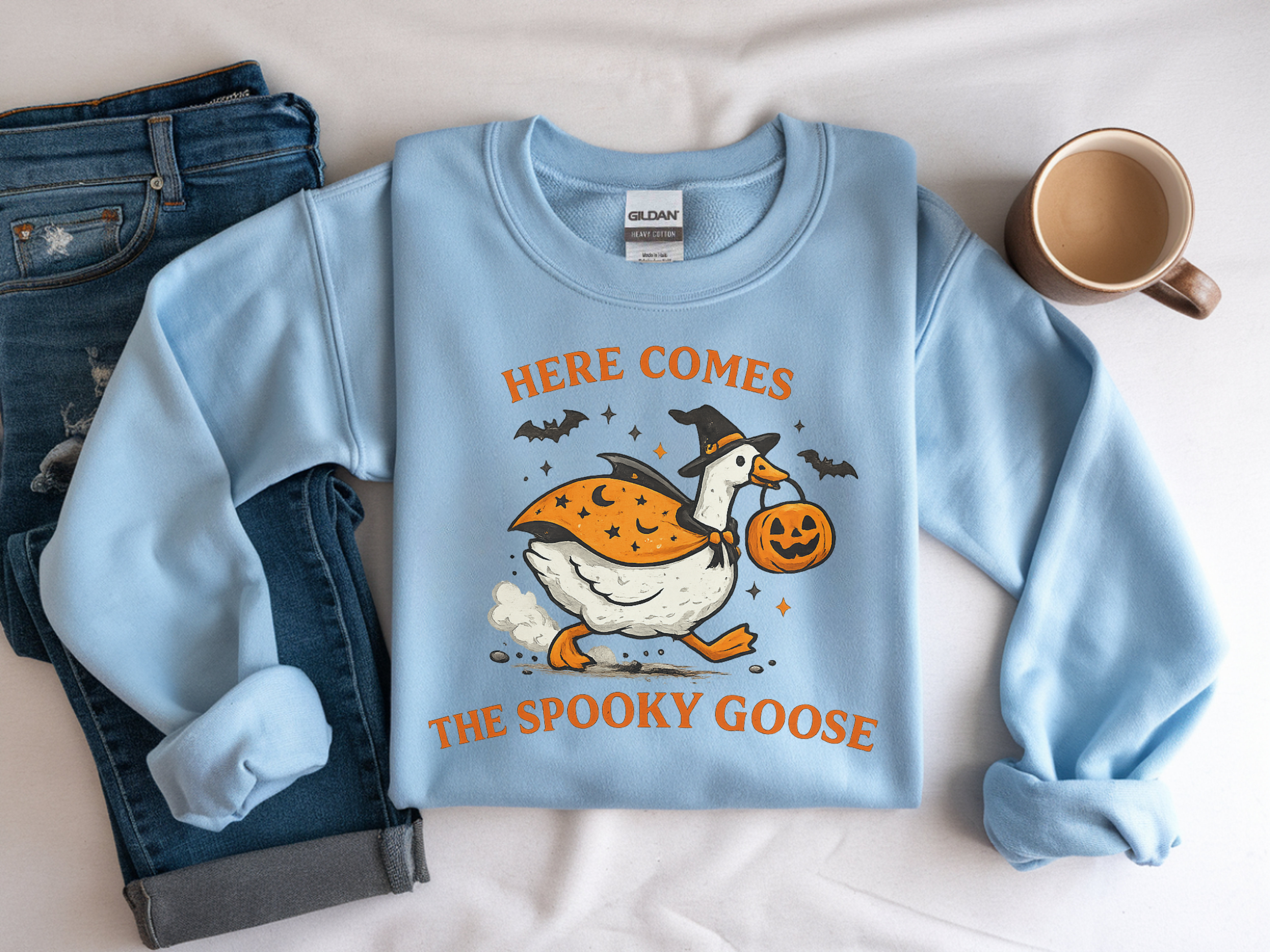Halloween Goose Sweatshirt – "Here Comes the Spooky Goose" Cute Pumpkin Costume Crewneck
