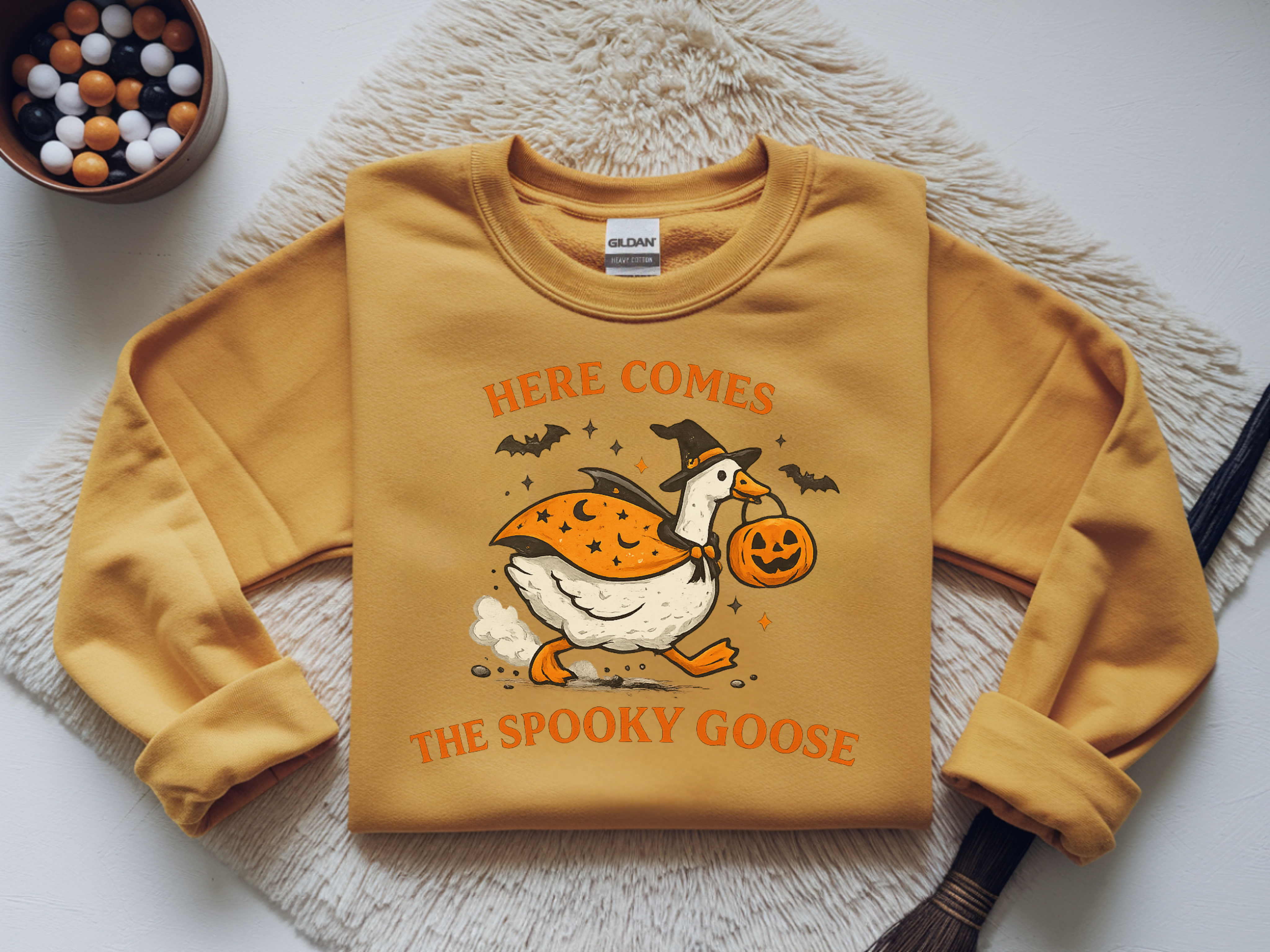 Halloween Goose Sweatshirt – "Here Comes the Spooky Goose" Cute Pumpkin Costume Crewneck