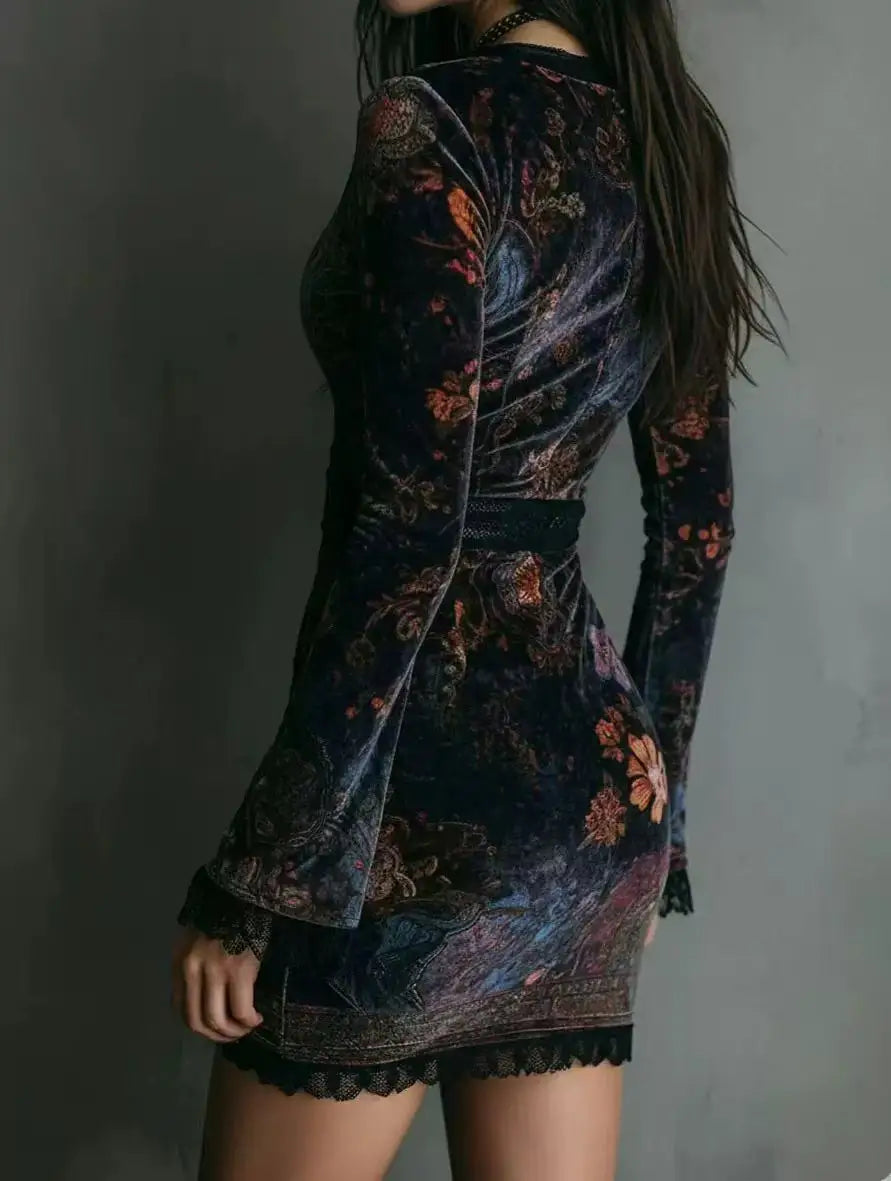 Floral Velvet Mini Dress – Long Sleeve V Neck Dress with Lace Trim, Fitted Waist, Vintage-Inspired Print and Elegant Party Style