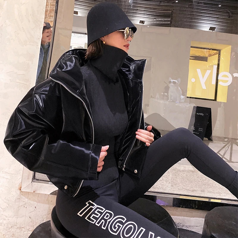 Oversized Faux Leather Jacket, Cropped Zip-Up Moto Jacket with Wide Lapels and Snap Buttons, Edgy Streetwear Outerwear